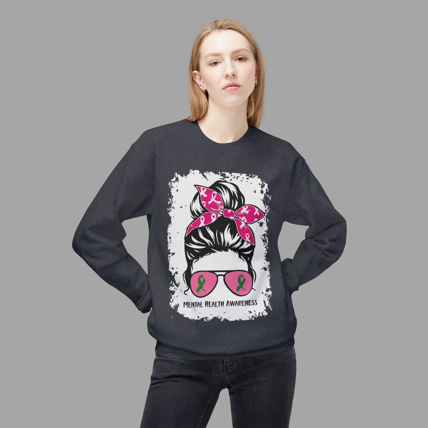 Messy Bun Mom Mental Health Awareness Sunglasses Unisex Heavy Blend Sweat Shirt - Mental Health Wear TN