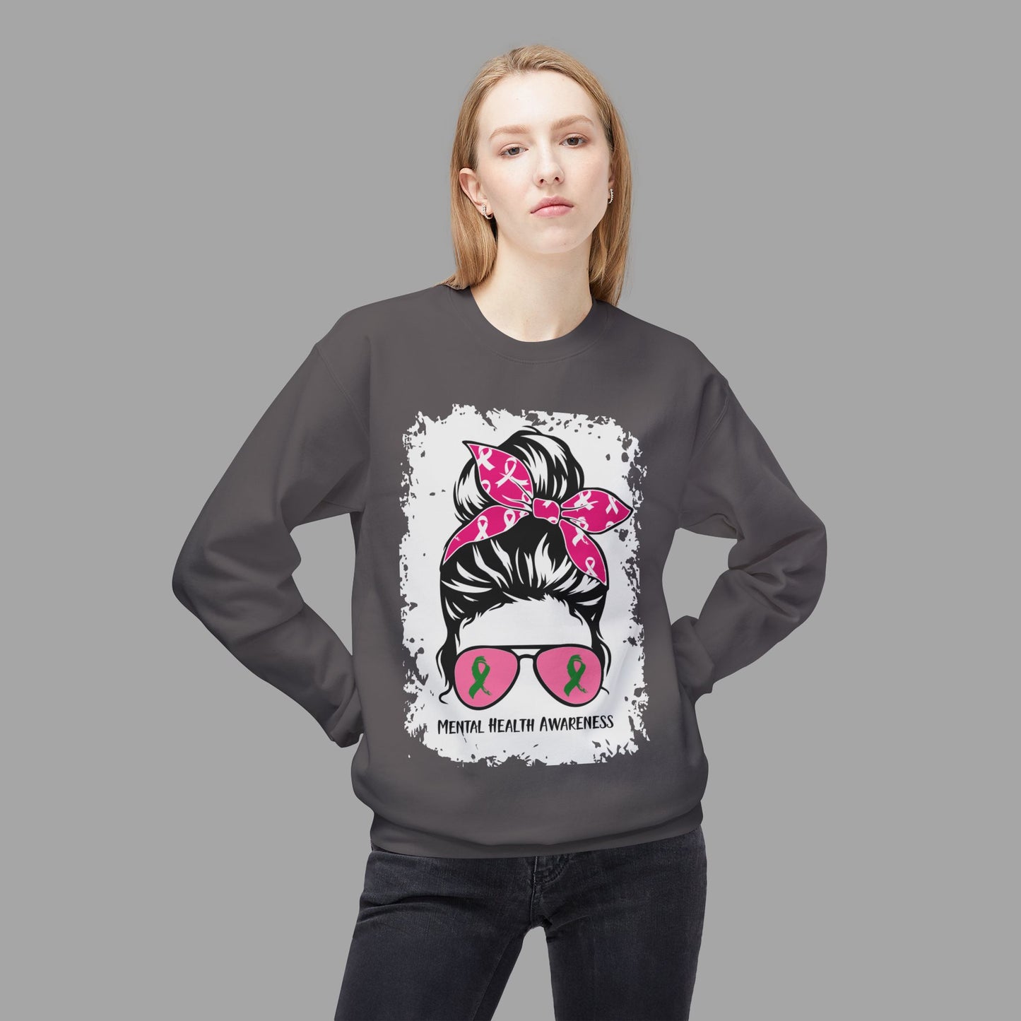 Messy Bun Mom Mental Health Awareness Sunglasses Unisex Heavy Blend Sweat Shirt - Mental Health Wear TN