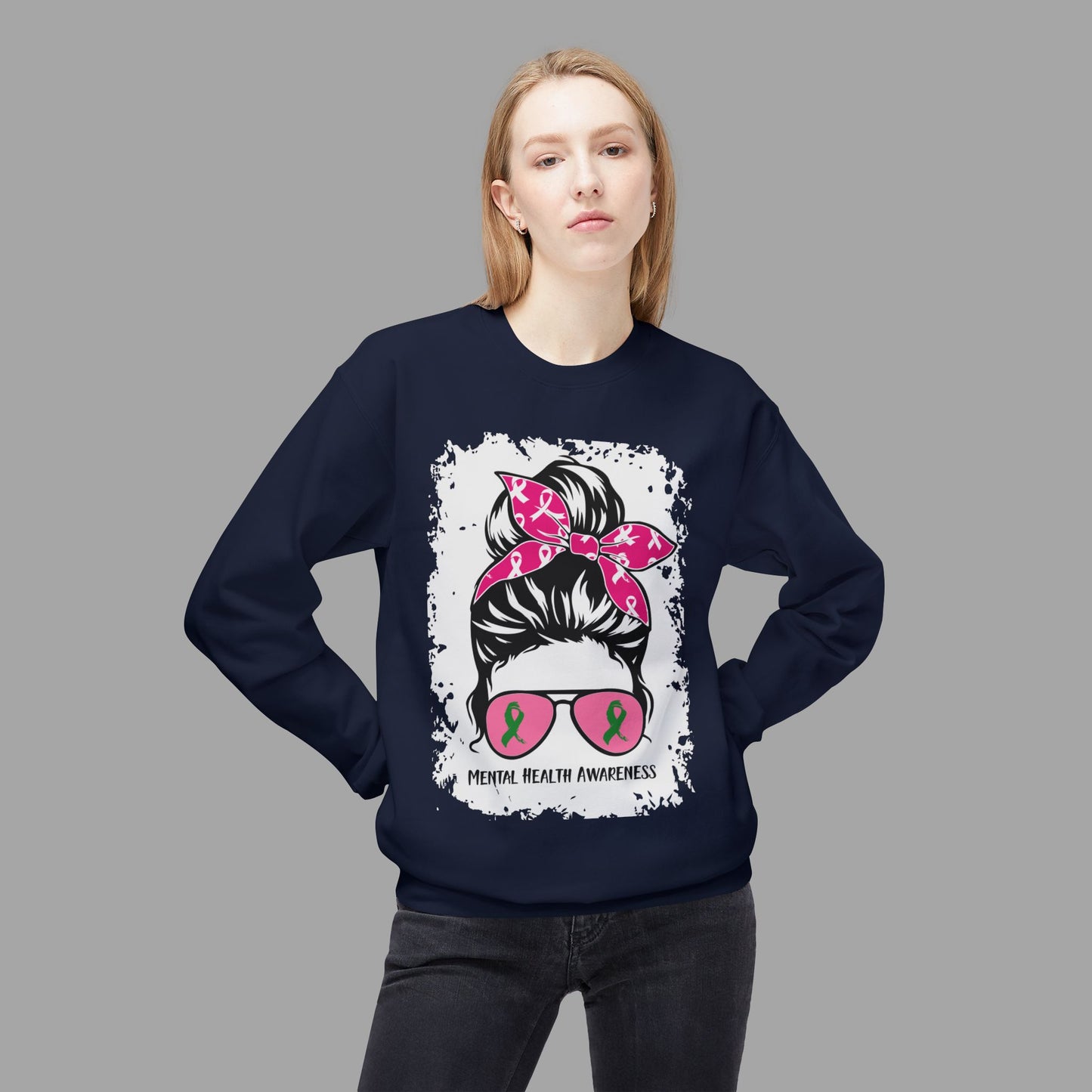 Messy Bun Mom Mental Health Awareness Sunglasses Unisex Heavy Blend Sweat Shirt - Mental Health Wear TN