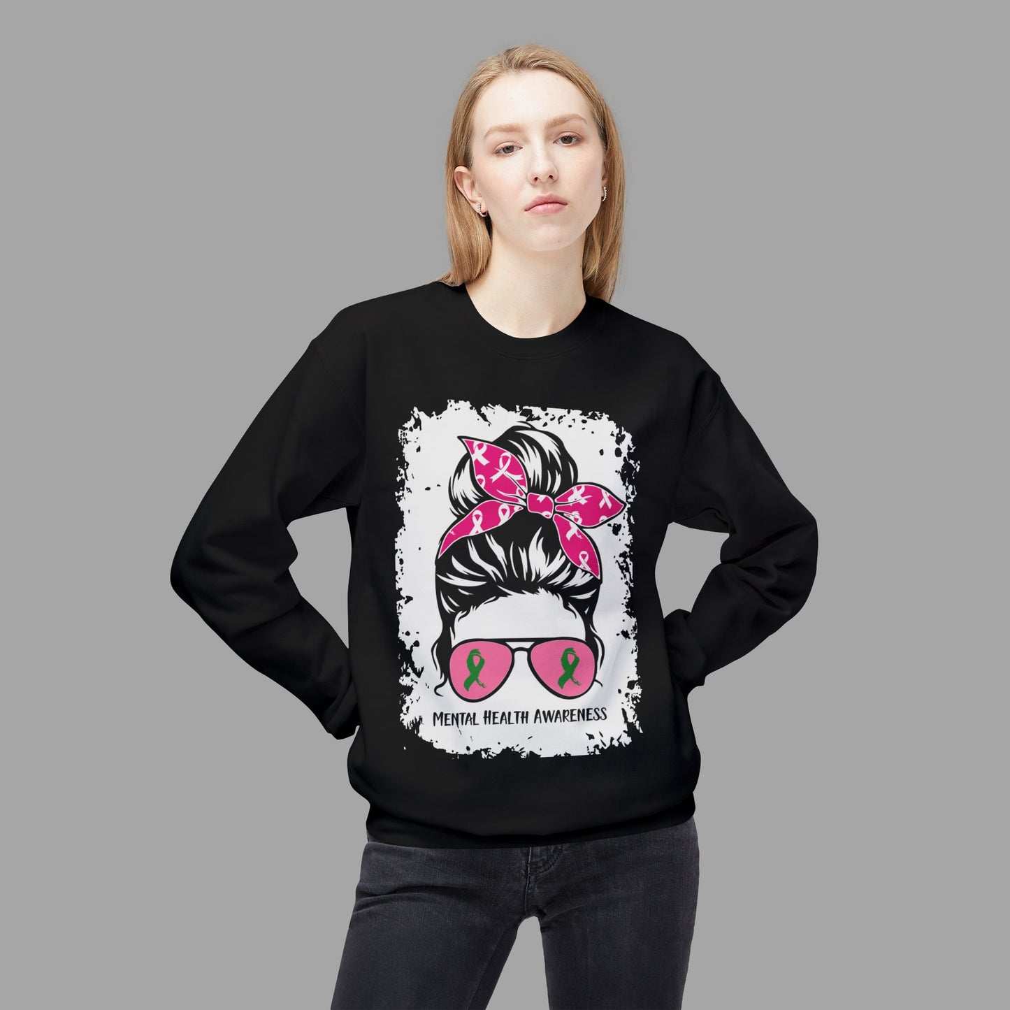 Messy Bun Mom Mental Health Awareness Sunglasses Unisex Heavy Blend Sweat Shirt - Mental Health Wear TN