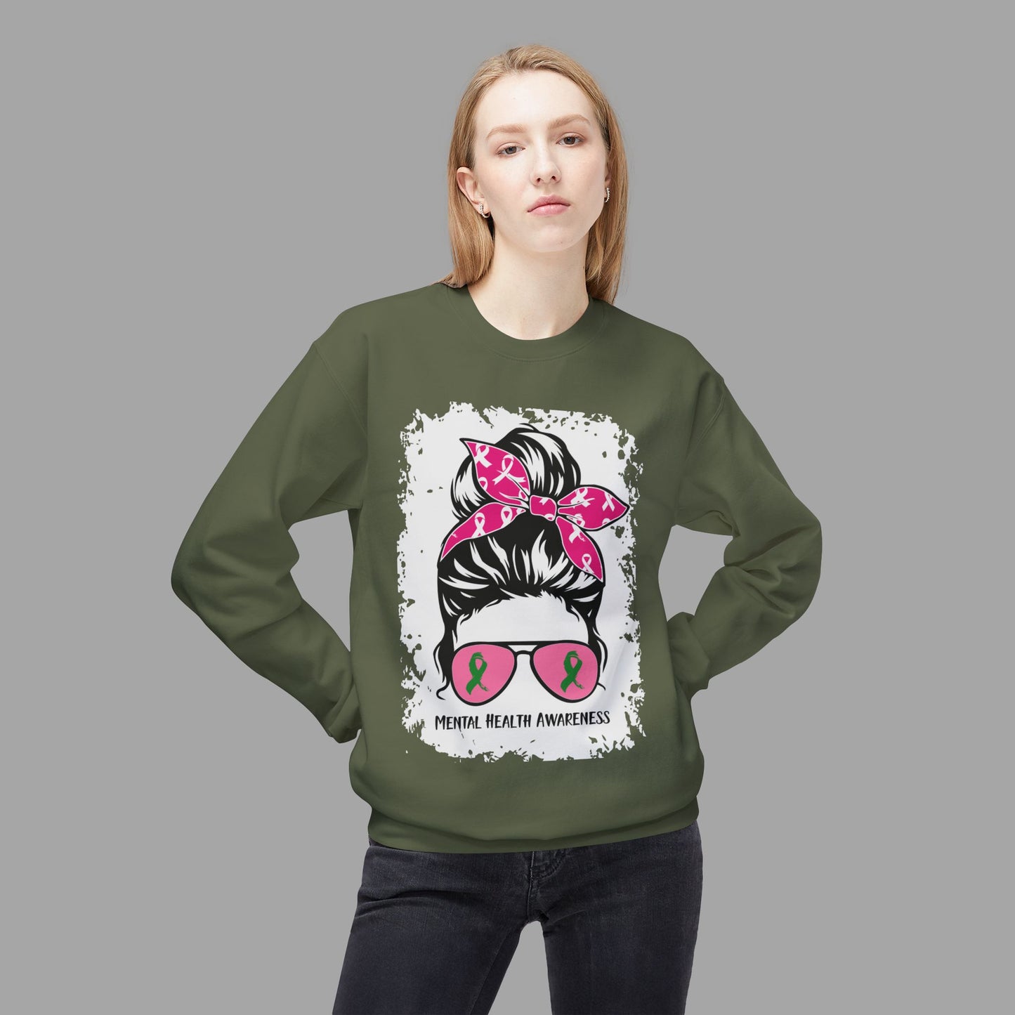 Messy Bun Mom Mental Health Awareness Sunglasses Unisex Heavy Blend Sweat Shirt - Mental Health Wear TN