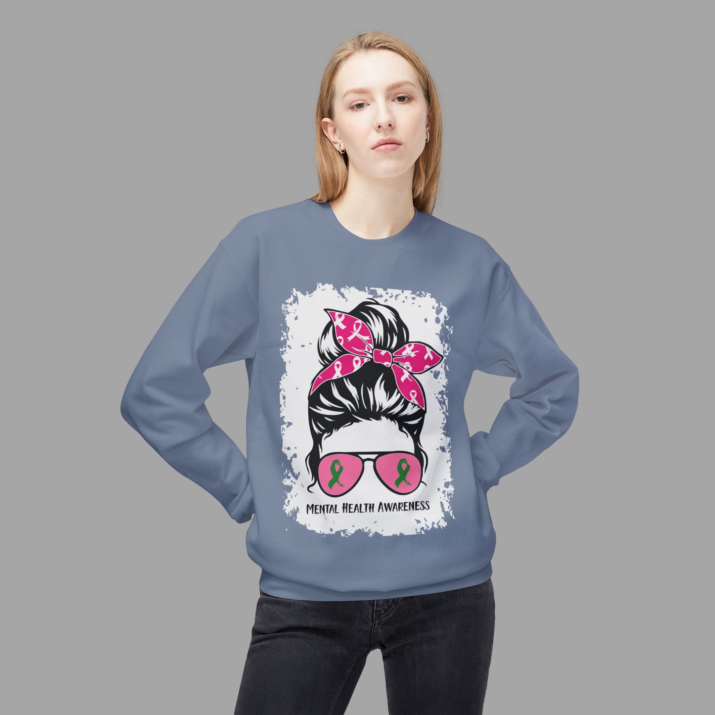 Messy Bun Mom Mental Health Awareness Sunglasses Unisex Heavy Blend Sweat Shirt - Mental Health Wear TN
