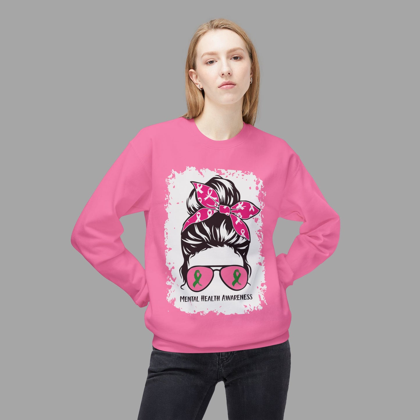 Messy Bun Mom Mental Health Awareness Sunglasses Unisex Heavy Blend Sweat Shirt - Mental Health Wear TN