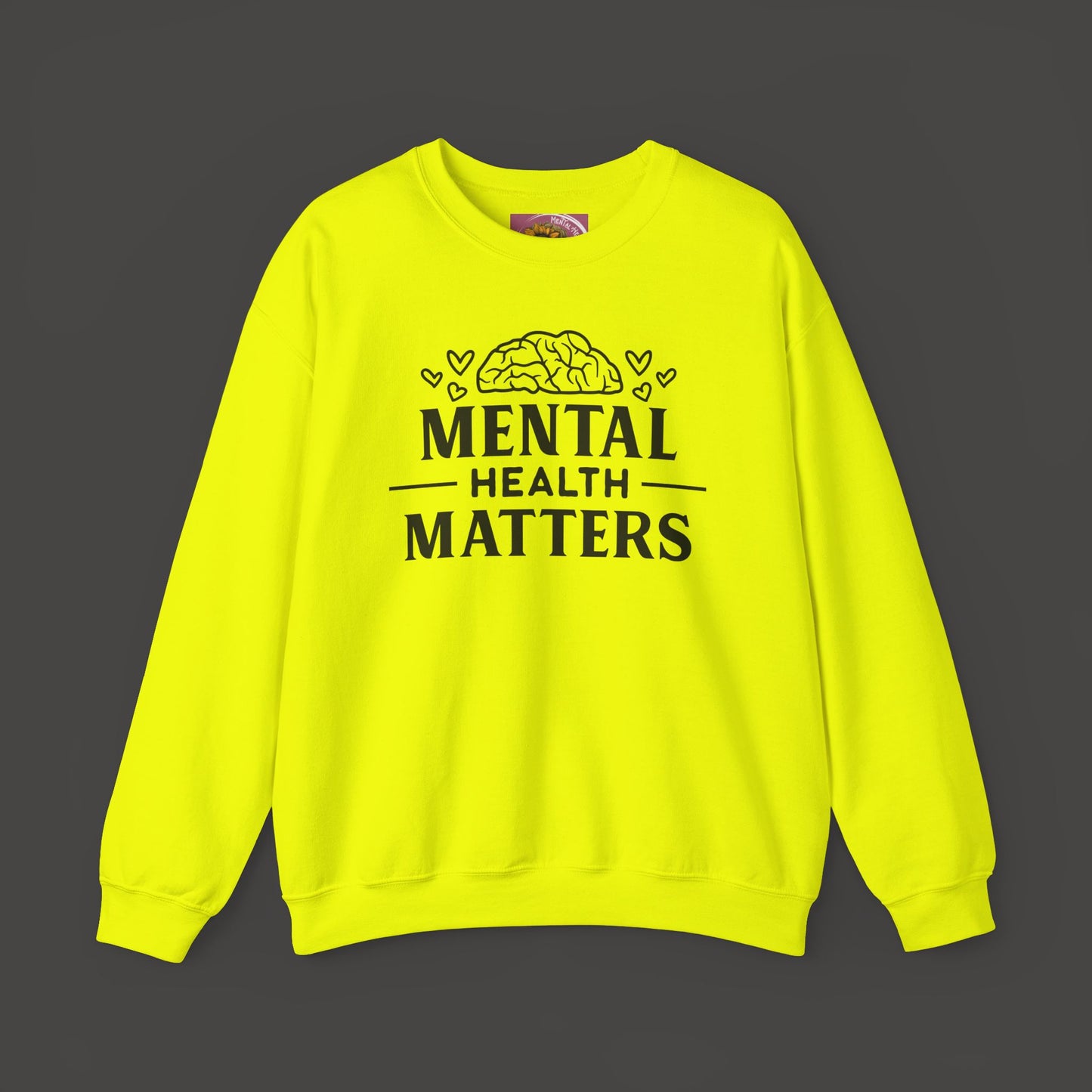 Mental Health Matters- Unisex Crewneck Sweatshirt/ Front View Mockup/ Safety Yellow