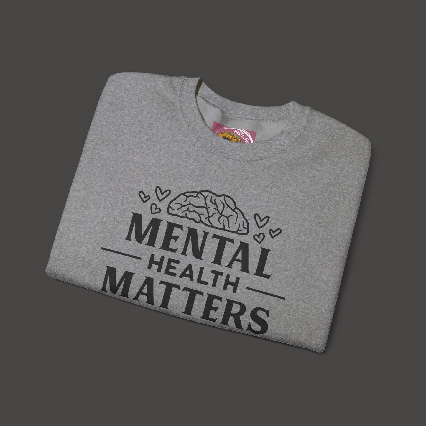 Mental Health Matters- Unisex Crewneck Sweatshirt/ Front Folded View Mockup/ Sport Grey