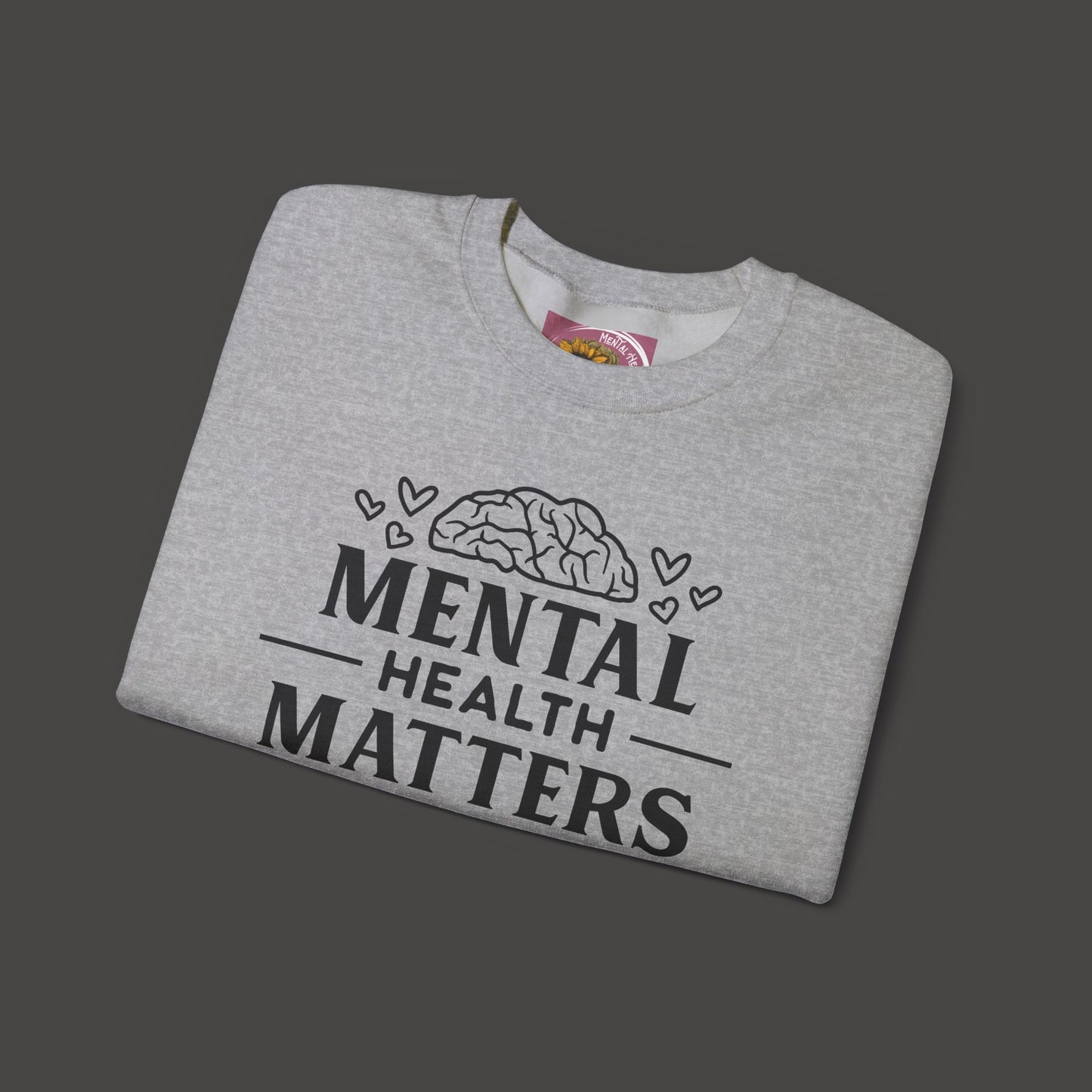 Mental Health Matters- Unisex Crewneck Sweatshirt/ Front Folded View Mockup/ Graphite Grey