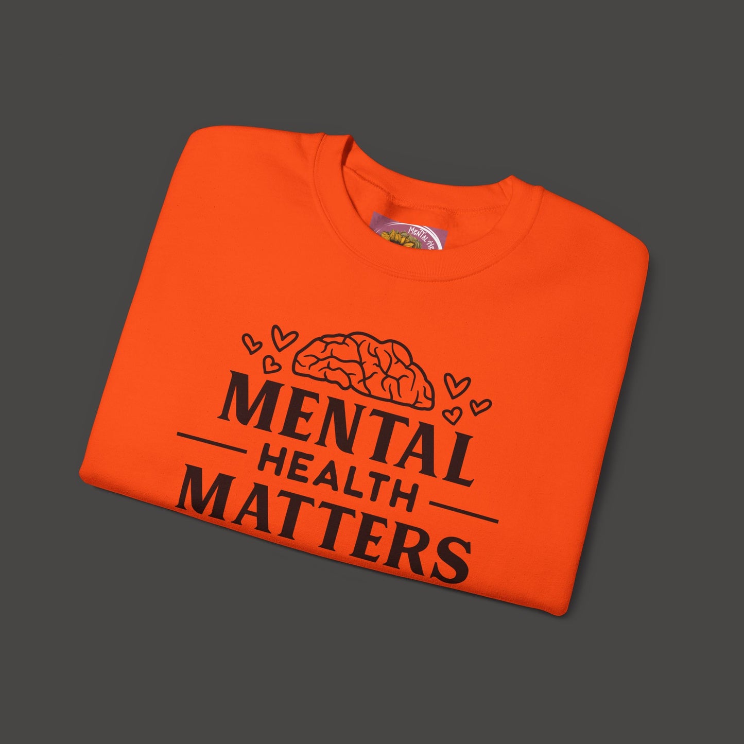 Mental Health Matters- Unisex Crewneck Sweatshirt/ Front Folded View Mockup/ Safety Orange