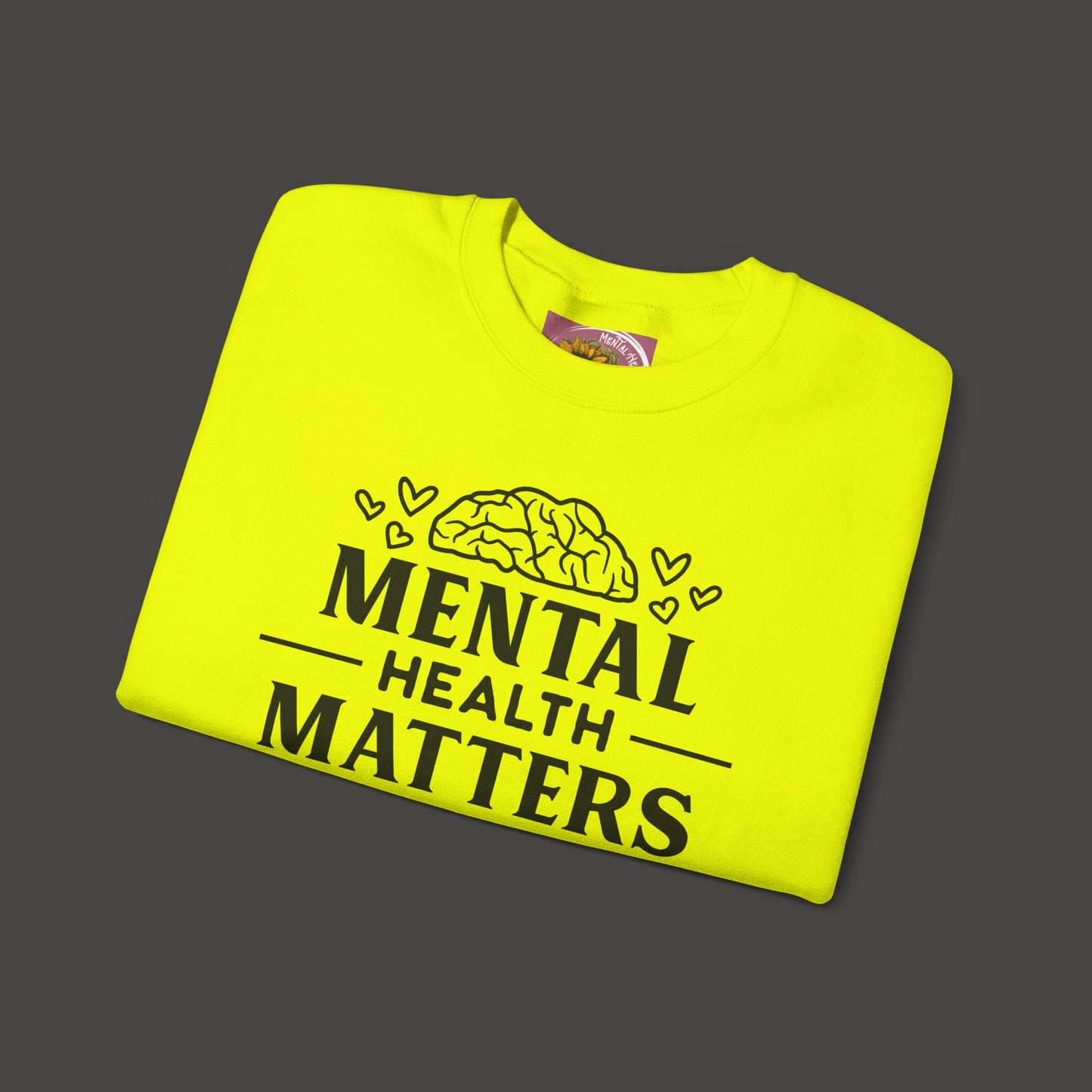 Mental Health Matters- Unisex Crewneck Sweatshirt/ Front Folded View Mockup/ Safety Yellow