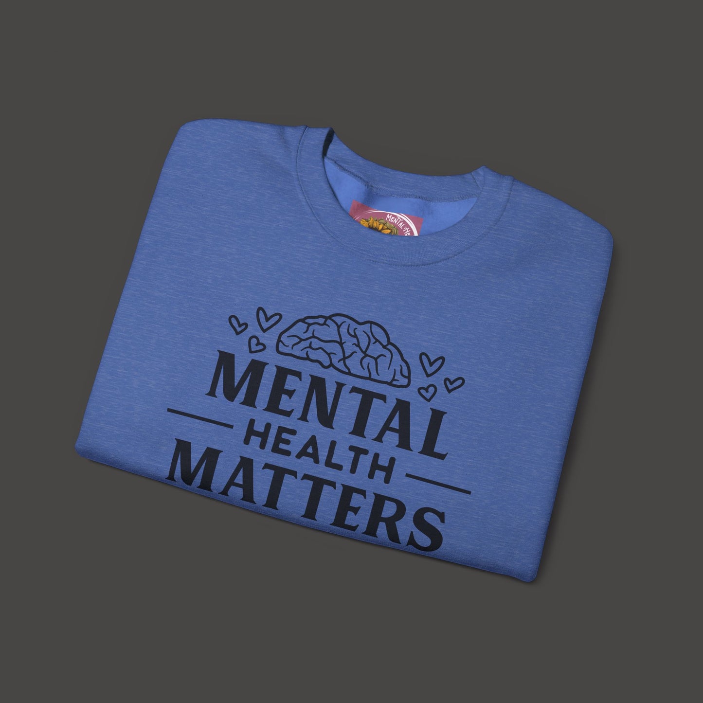 Mental Health Matters- Unisex Crewneck Sweatshirt/ Front Folded View Mockup/ Heather Sport Royal