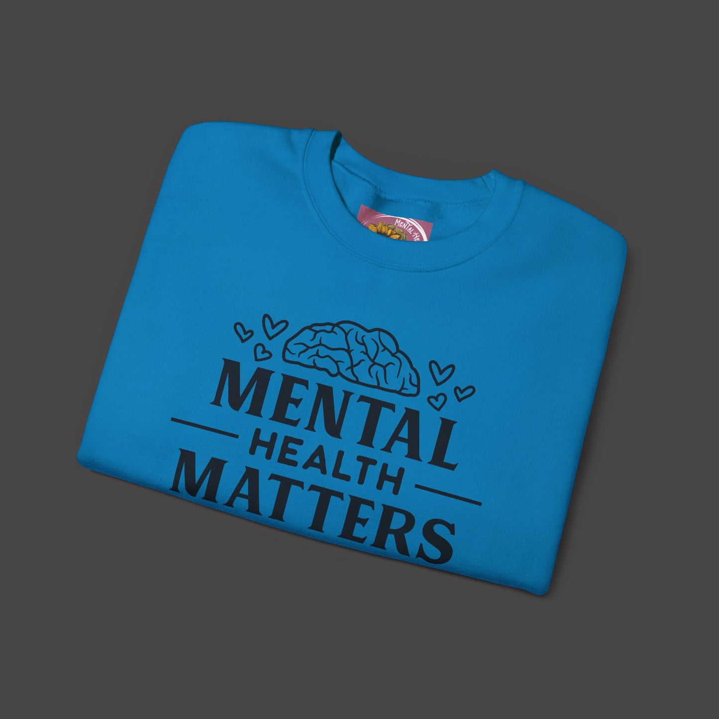 Mental Health Matters- Unisex Crewneck Sweatshirt/ Front Folded View Mockup/ Sapphire