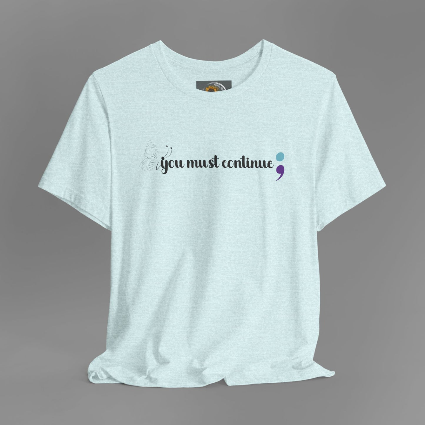 Butterfly Semicolon- Brake The Stigma Tee Shirt/ Front Hanging View Mockup/ Heather Prism Ice Blue Color