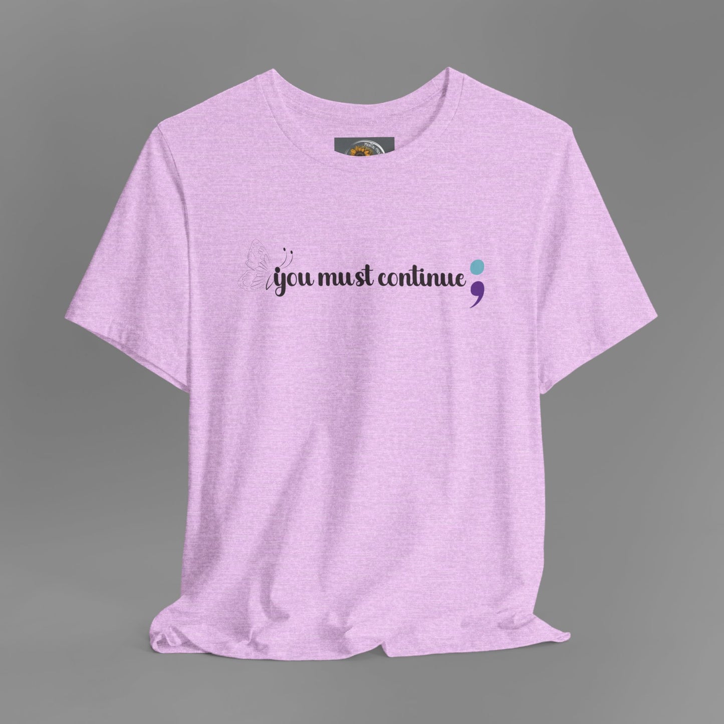 Butterfly Semicolon- Brake The Stigma Tee Shirt/ Front Hanging View Mockup/ Heather Prism Lilac Color