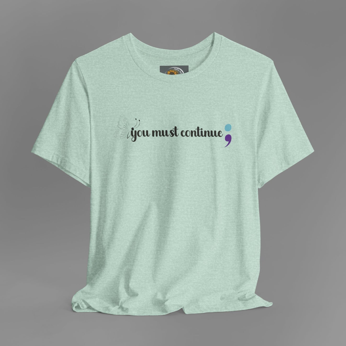 Butterfly Semicolon- Brake The Stigma Tee Shirt/ Front Hanging View Mockup/ Heather Prism Mint Color