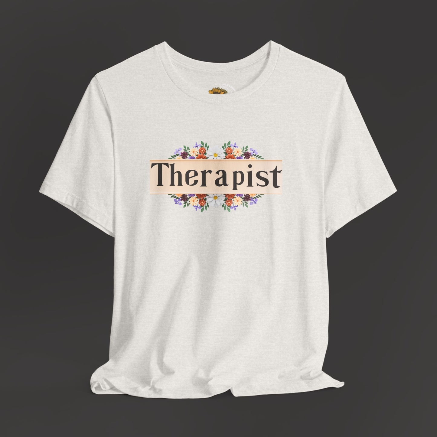 Floral_Therapist_Unisex_Short_Sleeve_Tee_-_Front_Hanging_Mock_up_Ash colored
