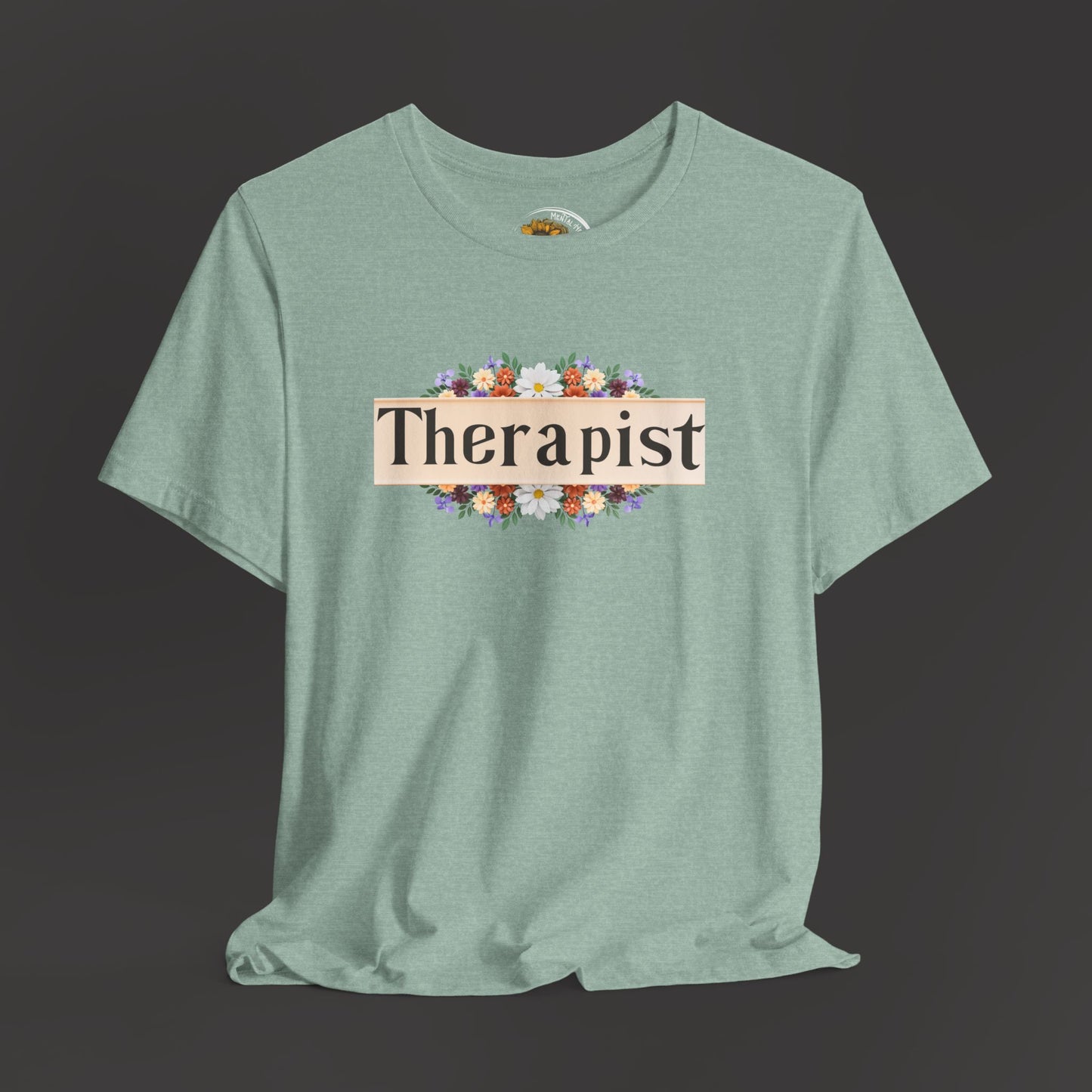 Floral_Therapist_Unisex_Short_Sleeve_Tee_-_Front_Hanging_Mock_up_Heather_Prism_Mint