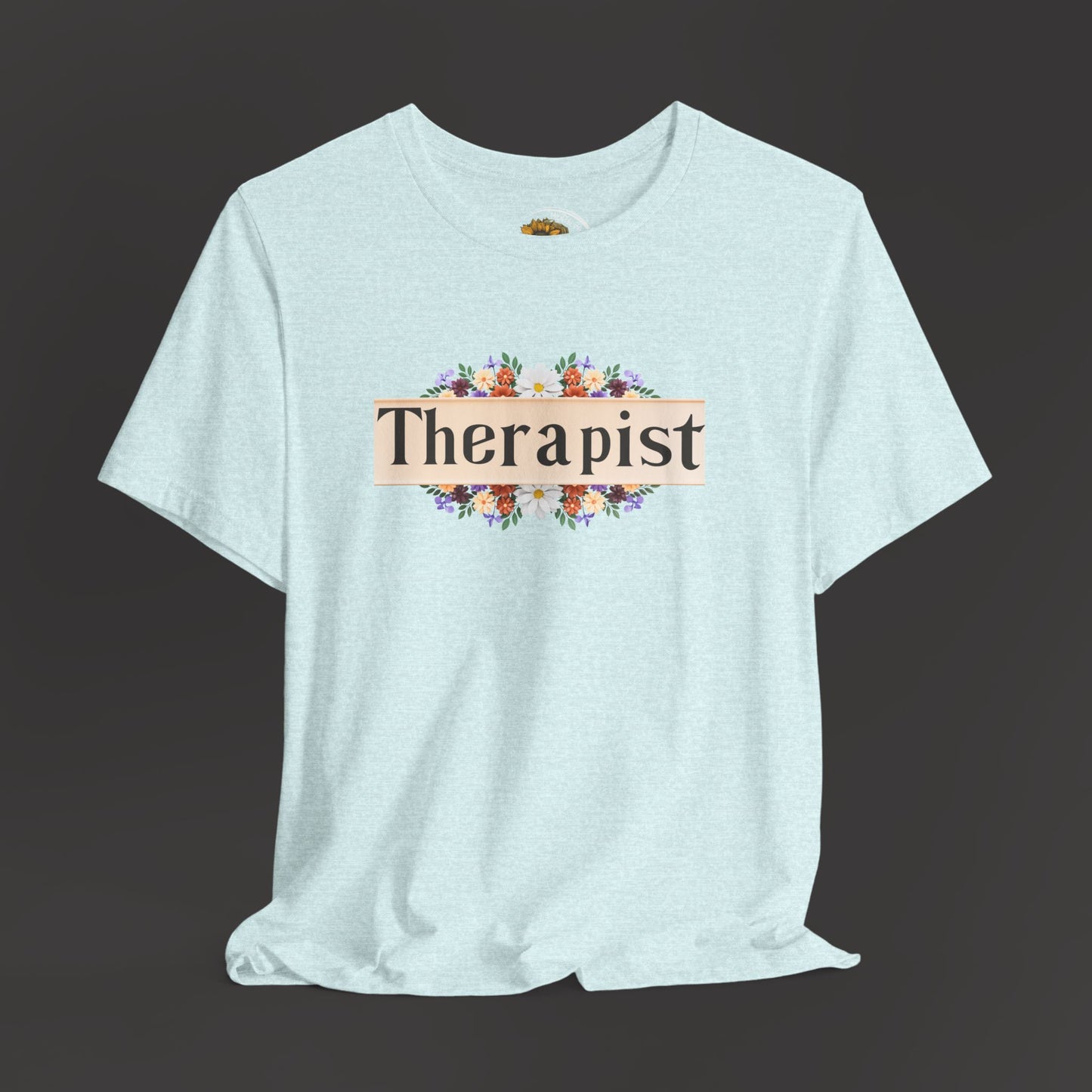 Floral_Therapist_Unisex_Short_Sleeve_Tee_-_Front_Hanging_Mock_up_Heather_Prism_Ice_Blue