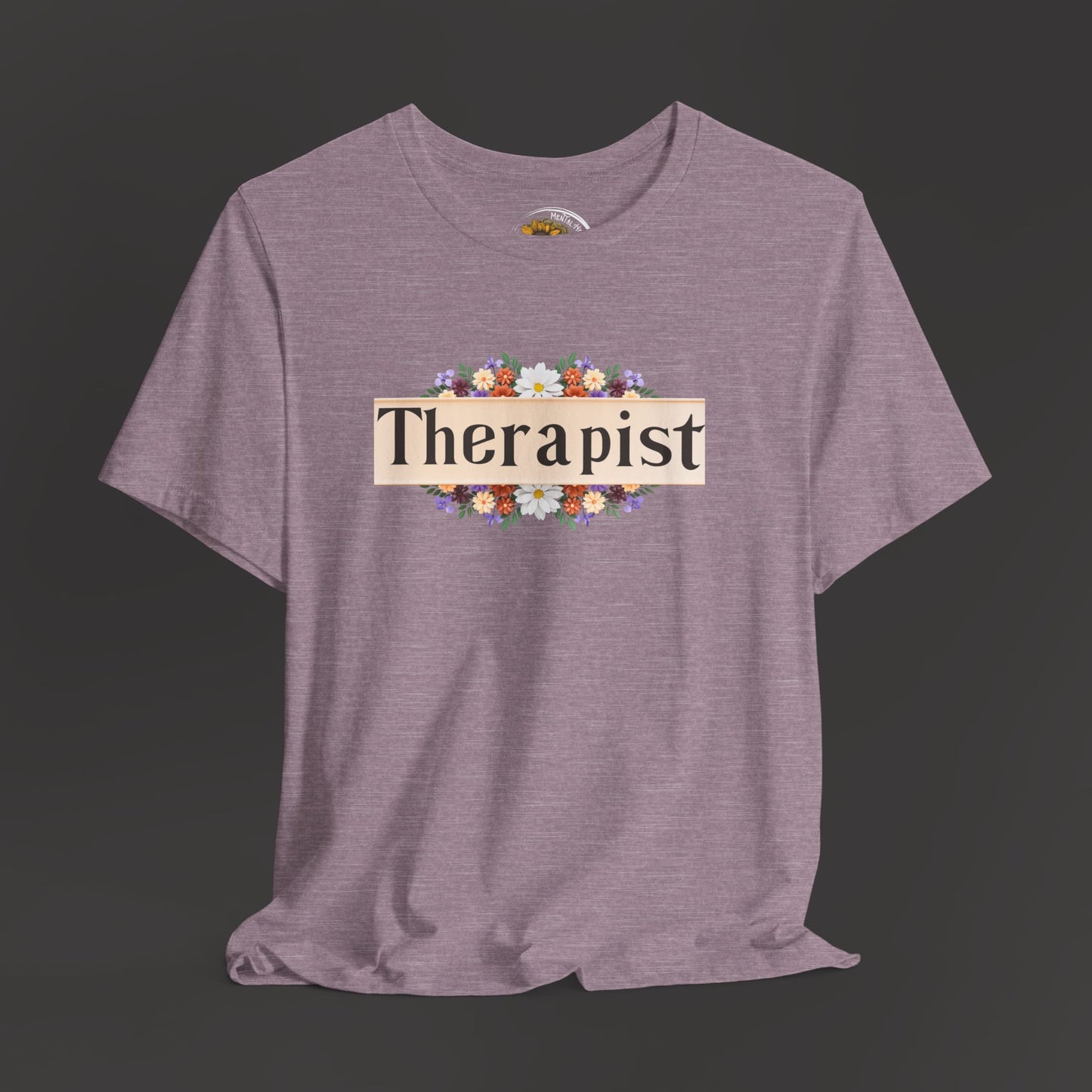 Floral_Therapist_Unisex_Short_Sleeve_Tee_-_Front_Hanging_Mock_up_Heather_Team_Purple