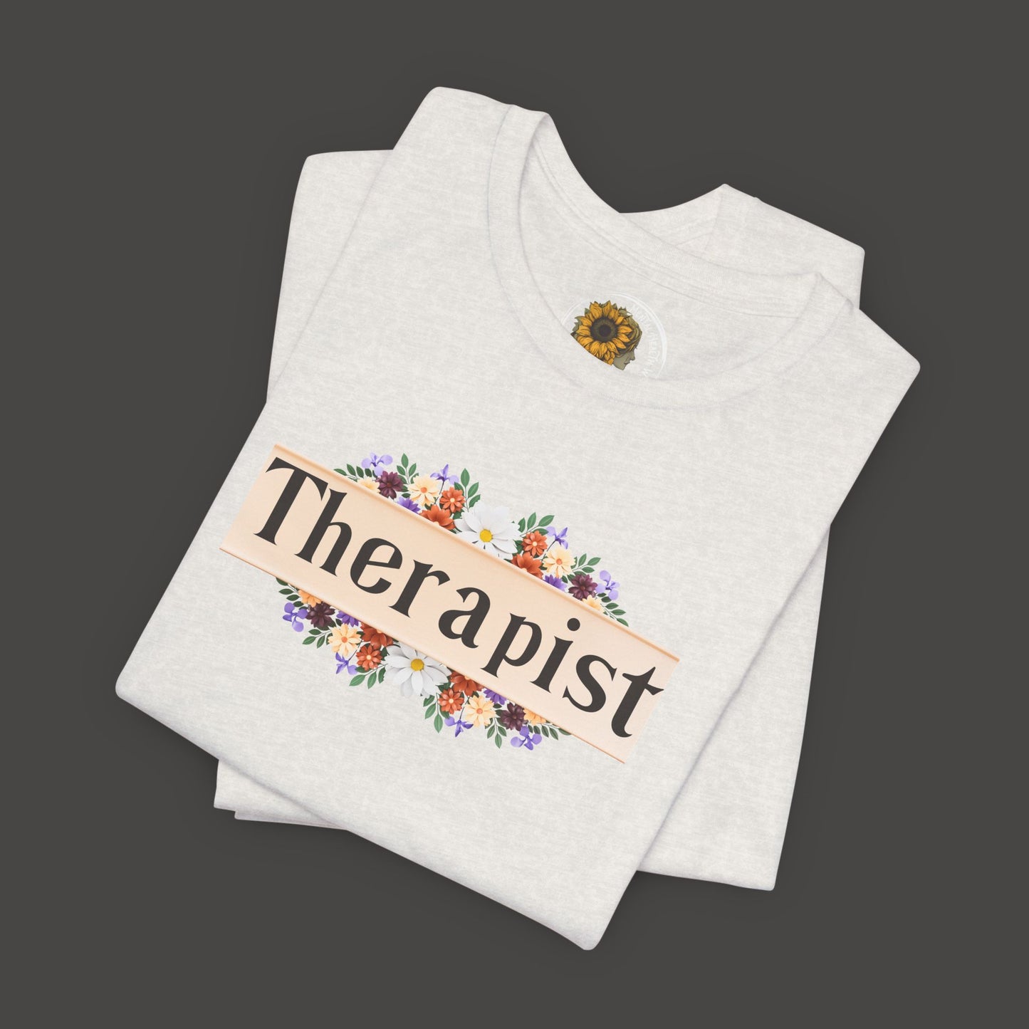 Floral Therapist Unisex Short Sleeve Tee - Front Folded Mock up/ Heather Cement