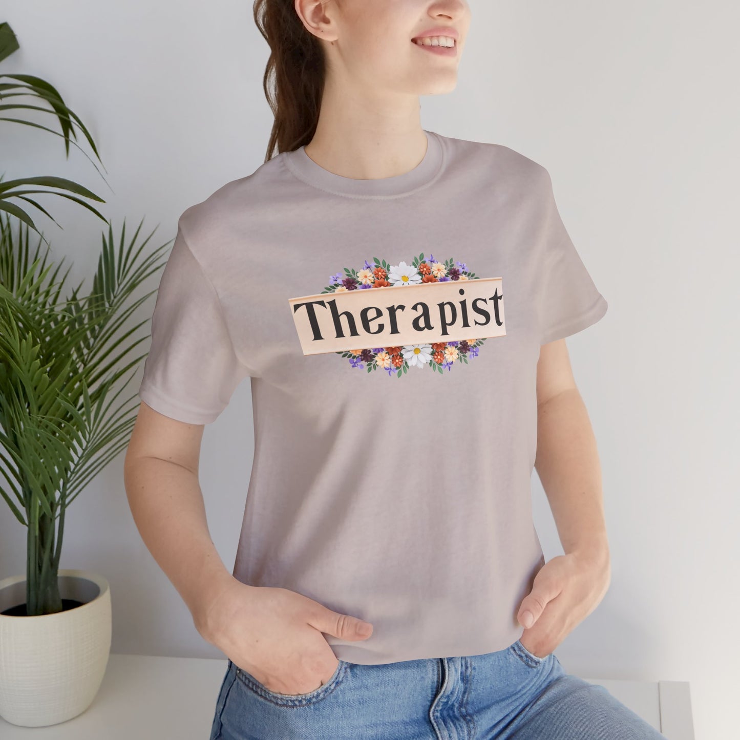 Floral Therapist Unisex Short Sleeve Tee - Front Folded Mock up/ Heather Tan