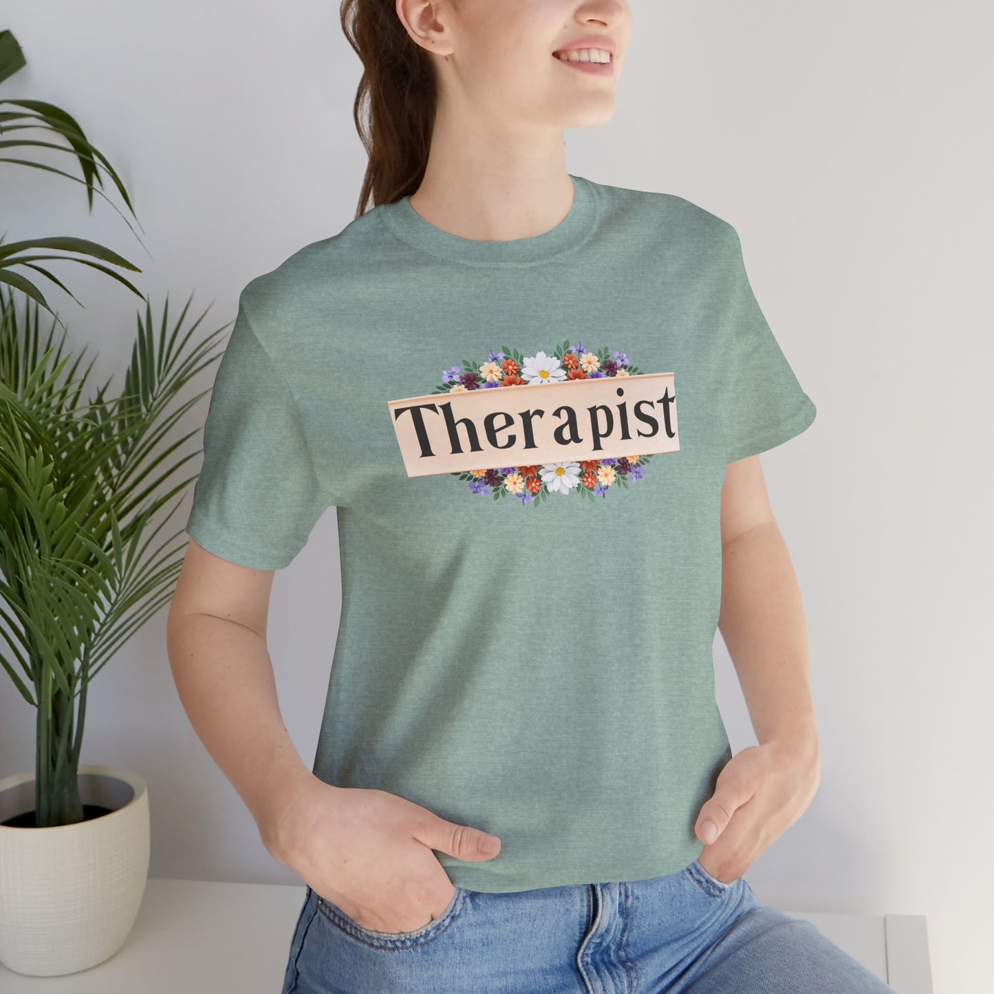 Floral_Therapist_Unisex_Short_Sleeve_Tee_-_Front_Person_Mock_up_Heather_Mint