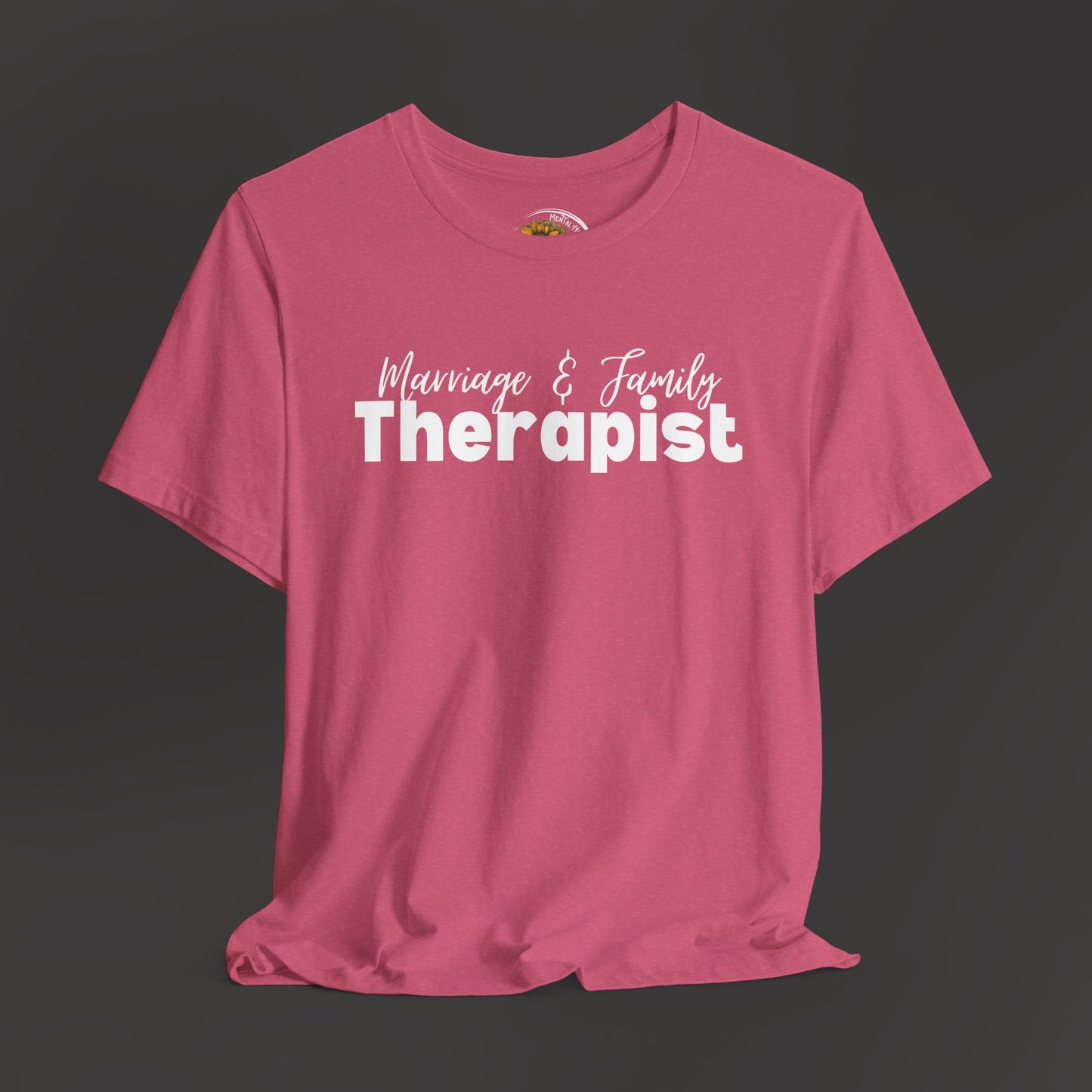 Marriage & Family Therapist Unisex Short Sleeve Tee/ Front Hanging Mockup View/ Heather Charity Pink