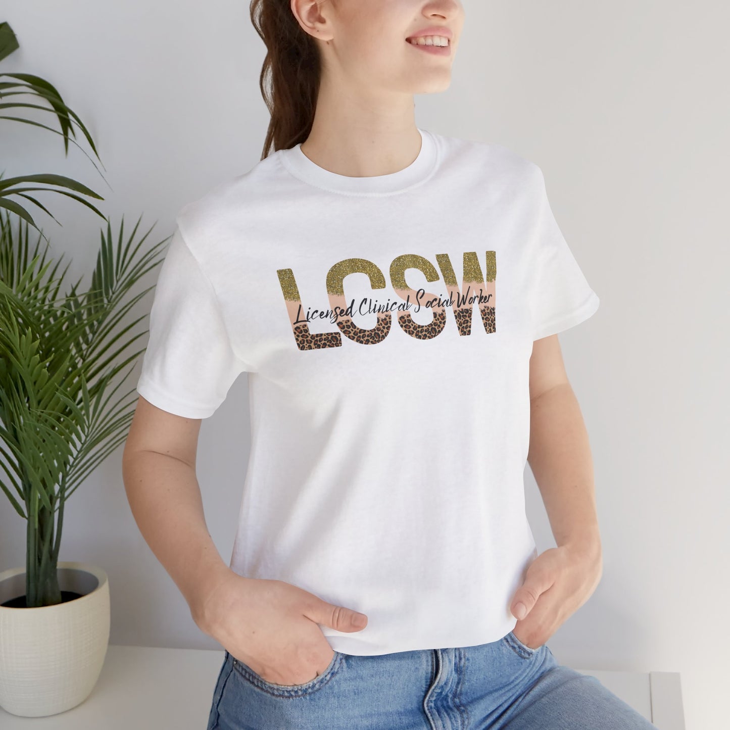 Cheeta Print/Gold Glitter Lettered- Licensed Clinical Social Worker-Unisex Short Sleeve Tee - Mental Health Wear TN