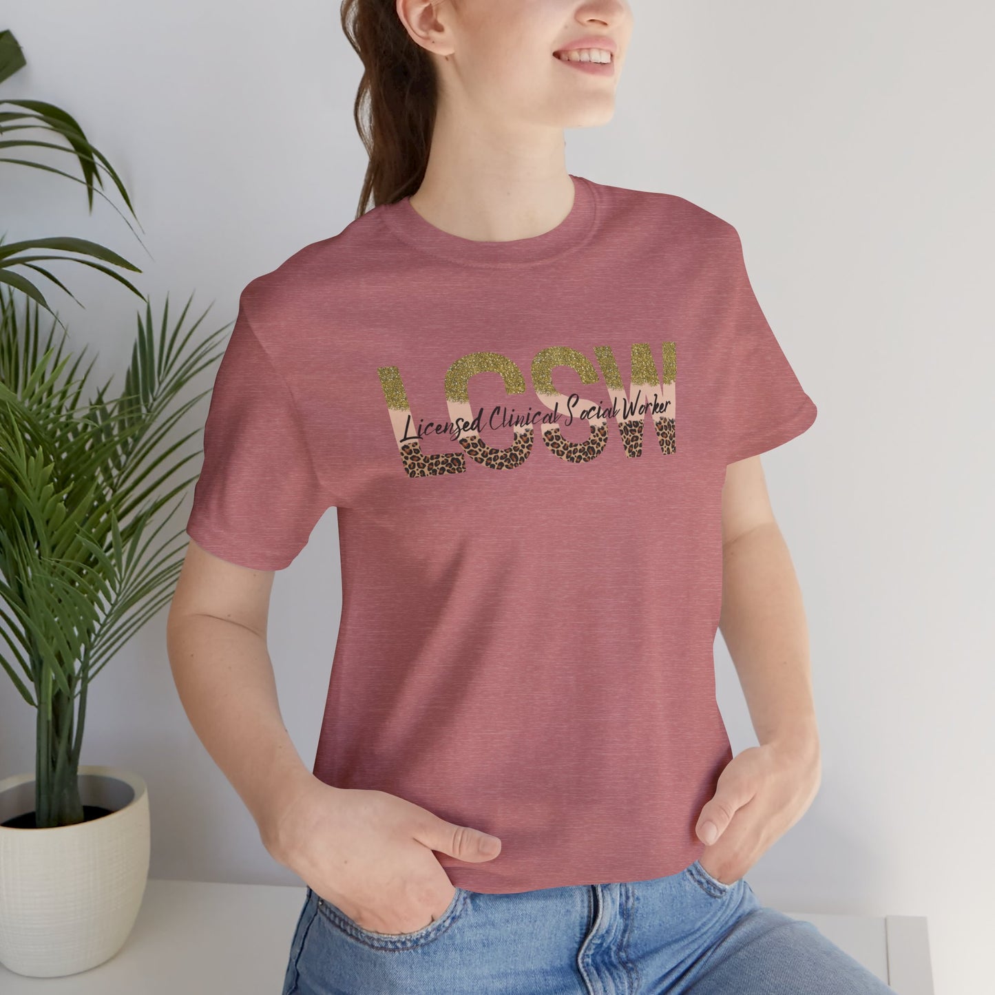 Cheeta Print/Gold Glitter Lettered- Licensed Clinical Social Worker-Unisex Short Sleeve Tee - Mental Health Wear TN