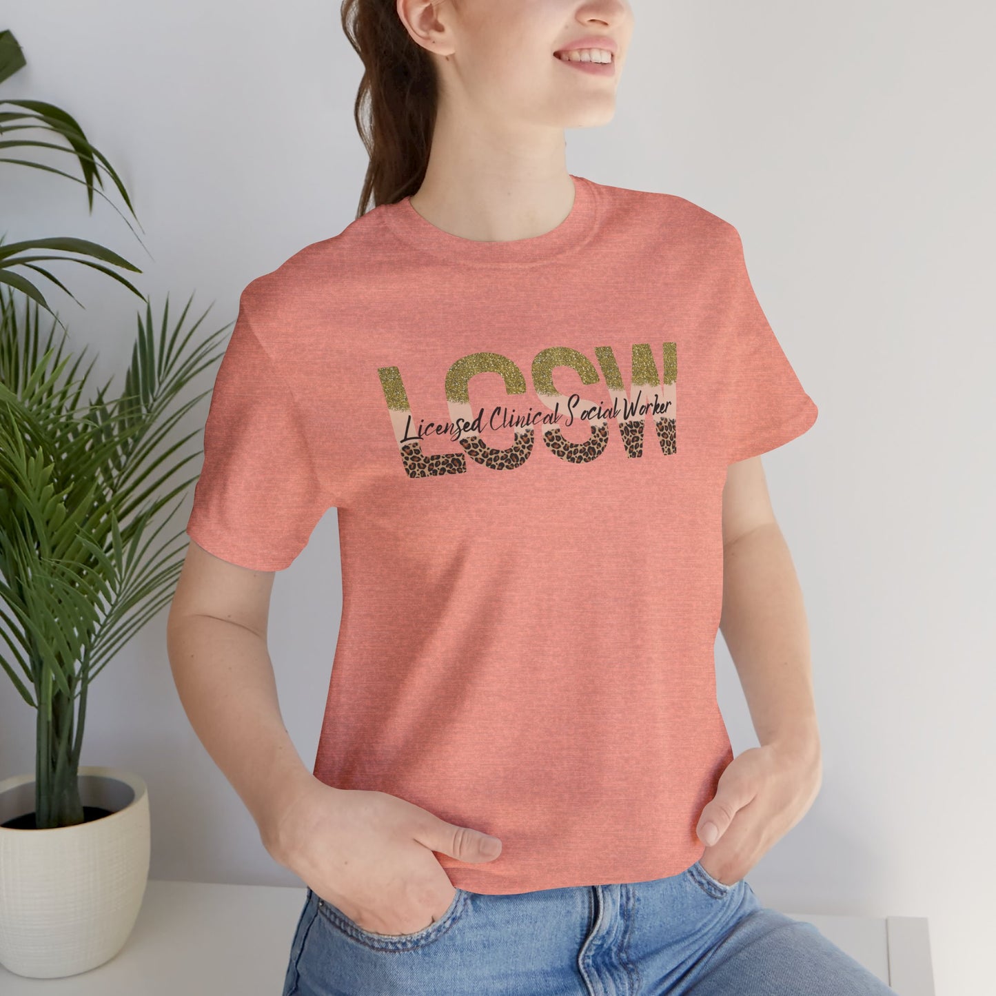Cheeta Print/Gold Glitter Lettered- Licensed Clinical Social Worker-Unisex Short Sleeve Tee - Mental Health Wear TN