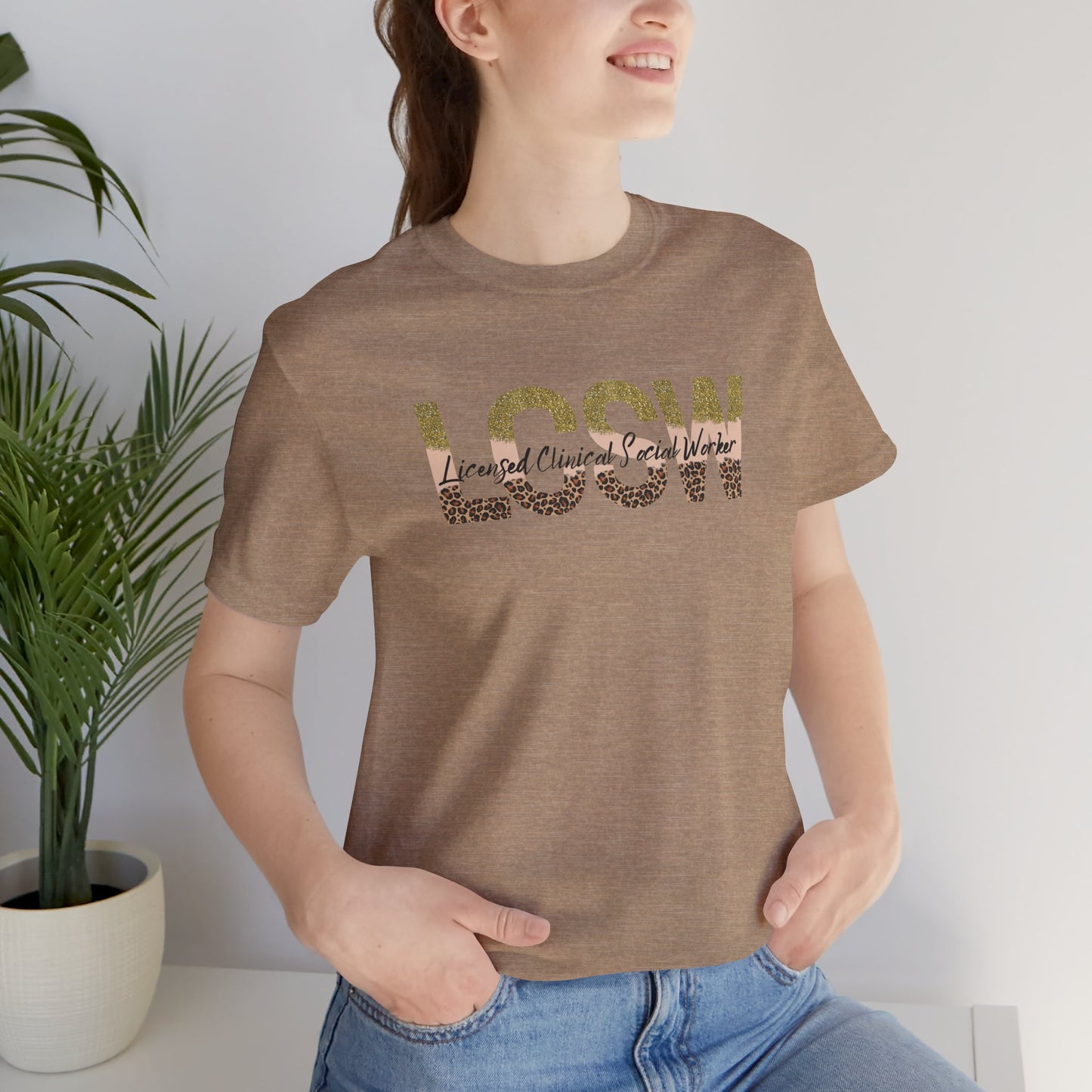 Cheeta Print/Gold Glitter Lettered- Licensed Clinical Social Worker-Unisex Short Sleeve Tee - Mental Health Wear TN