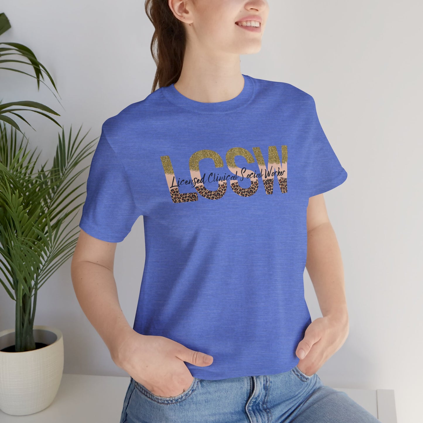 Cheeta Print/Gold Glitter Lettered- Licensed Clinical Social Worker-Unisex Short Sleeve Tee - Mental Health Wear TN