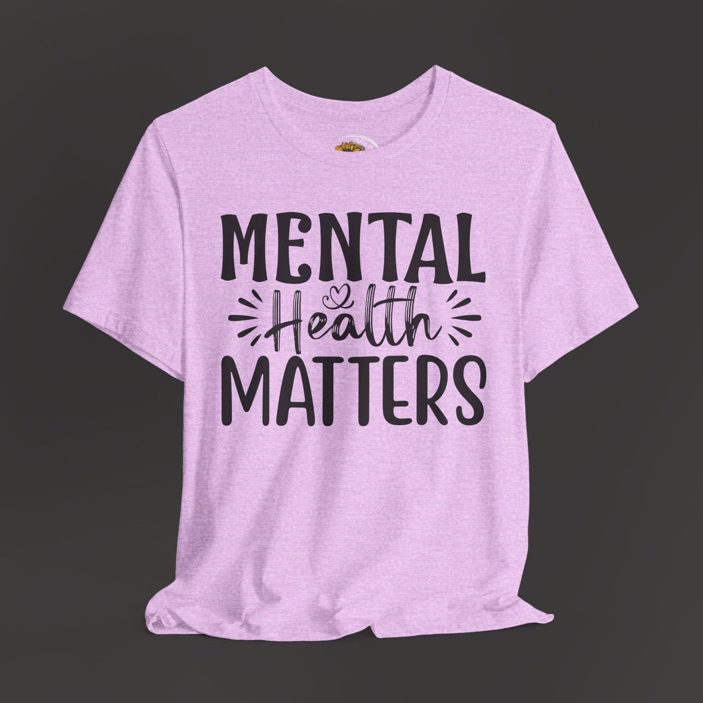Mental Health Matters Tee Shirt/ hanging up front view mockup/ heather bubble gum color