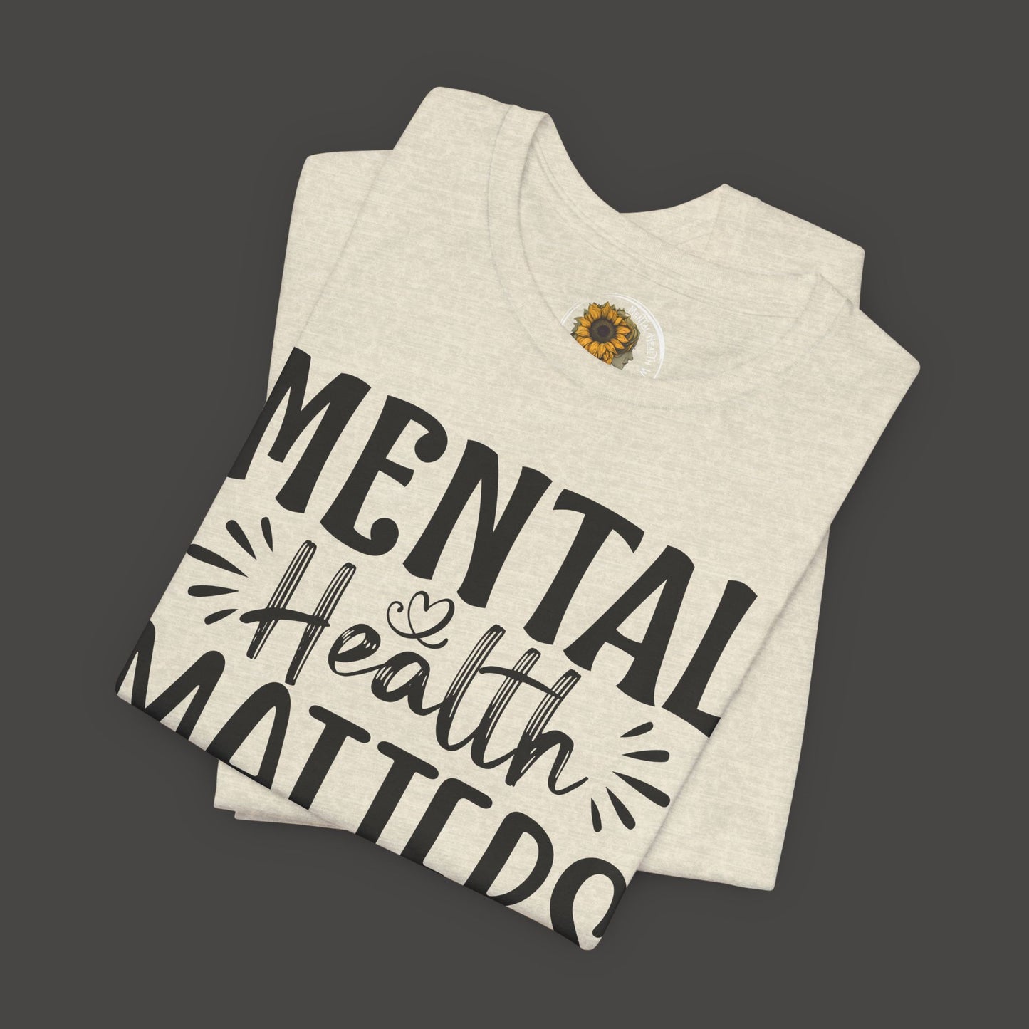 Mental Health Matters Tee Shirt/ folded front view mockup/ heather prism natural color