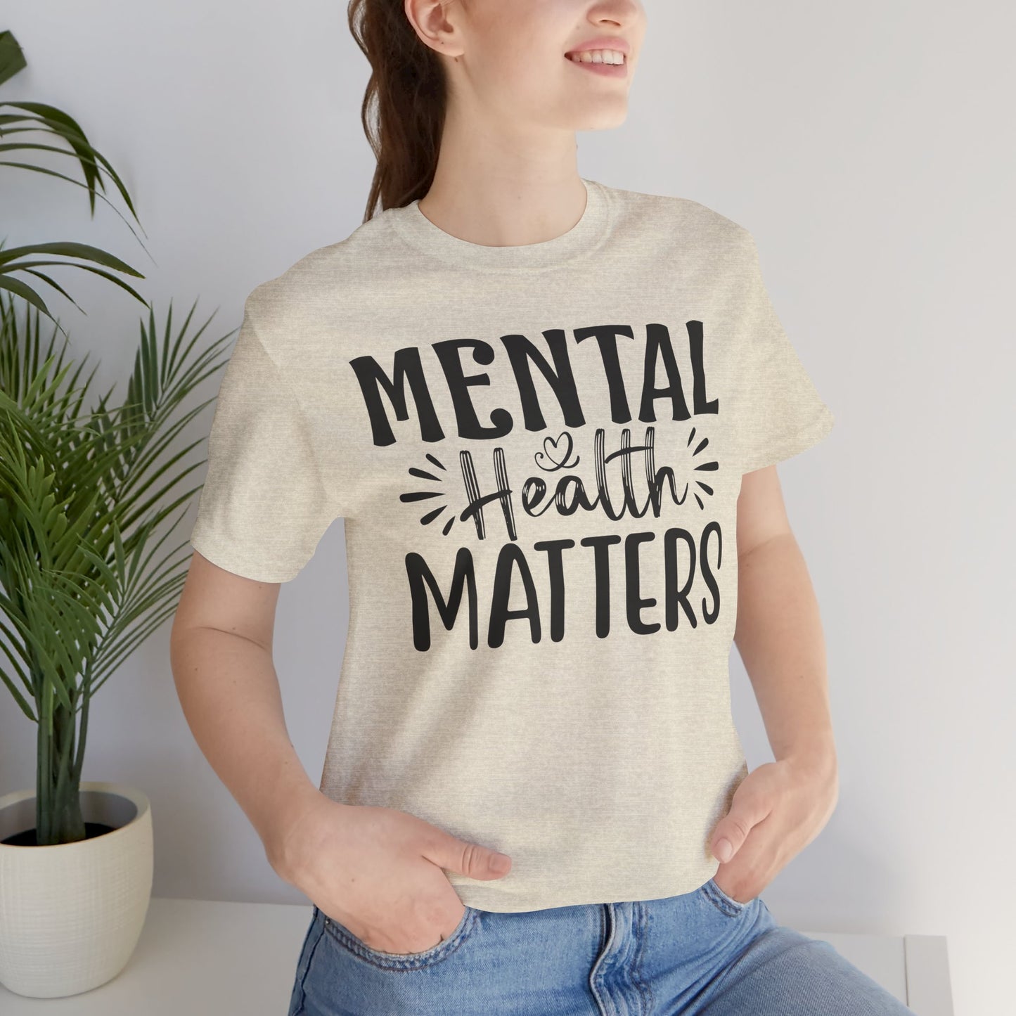 Mental Health Matters Tee Shirt/ Person front view mockup/ heather prism natural color