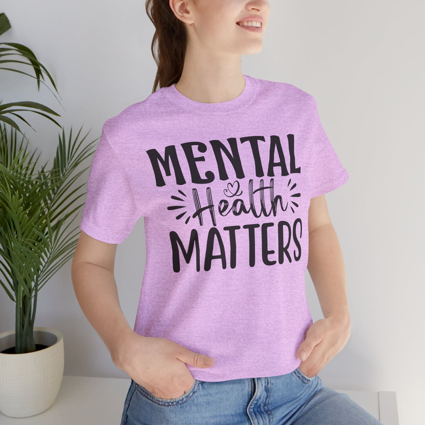 Mental Health Matters Tee Shirt/ Person view mockup/ heather bubble gum color