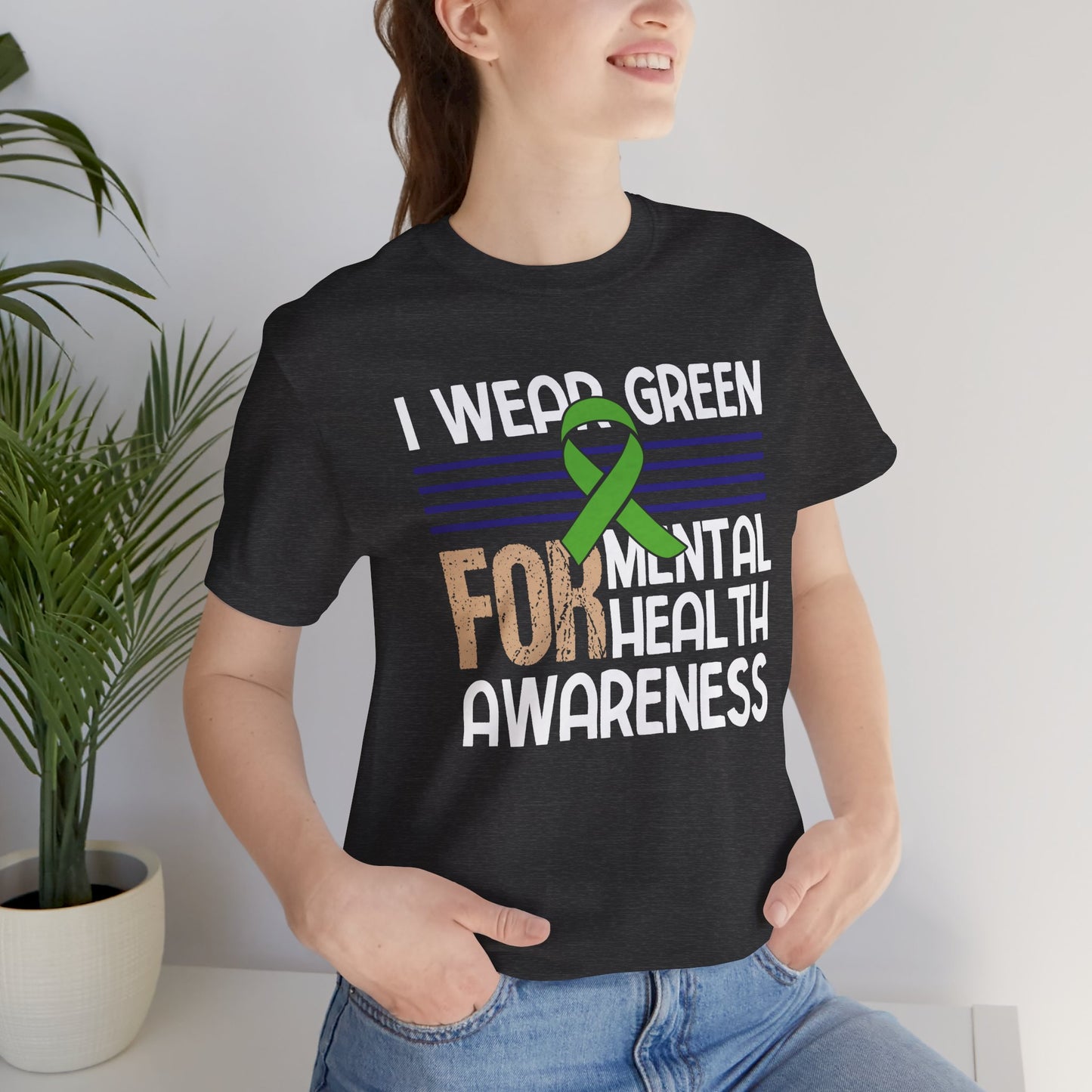 Mental Health Matters – because your voice makes a difference T-shirt/ Front Person View Mockup/ Dark Heather Grey