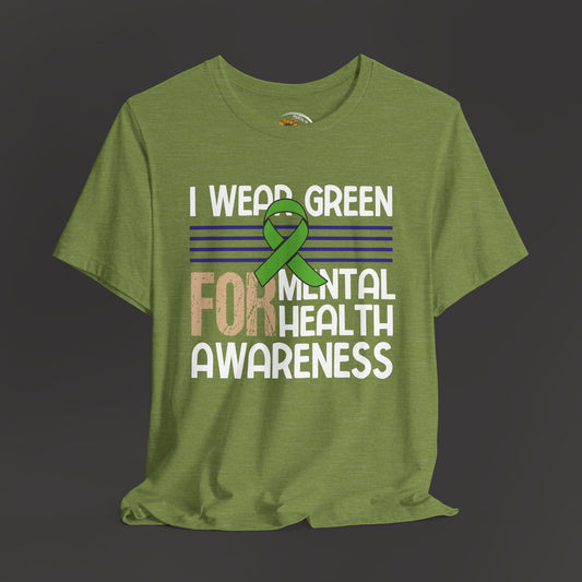 Mental Health Matters – because your voice makes a difference T-shirt/ Front View Hang-up Mockup/Heather Green
