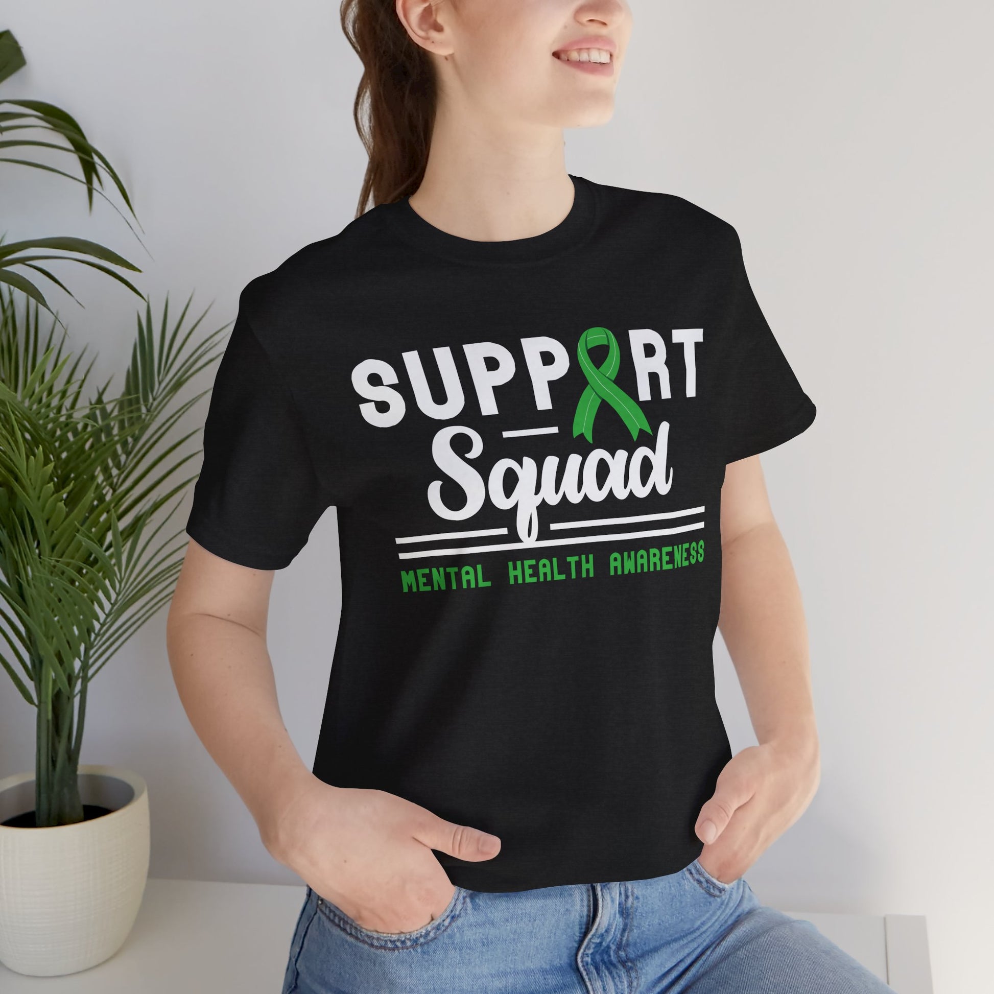 Model wearing mental health support squad shirt-Dark Heather Grey