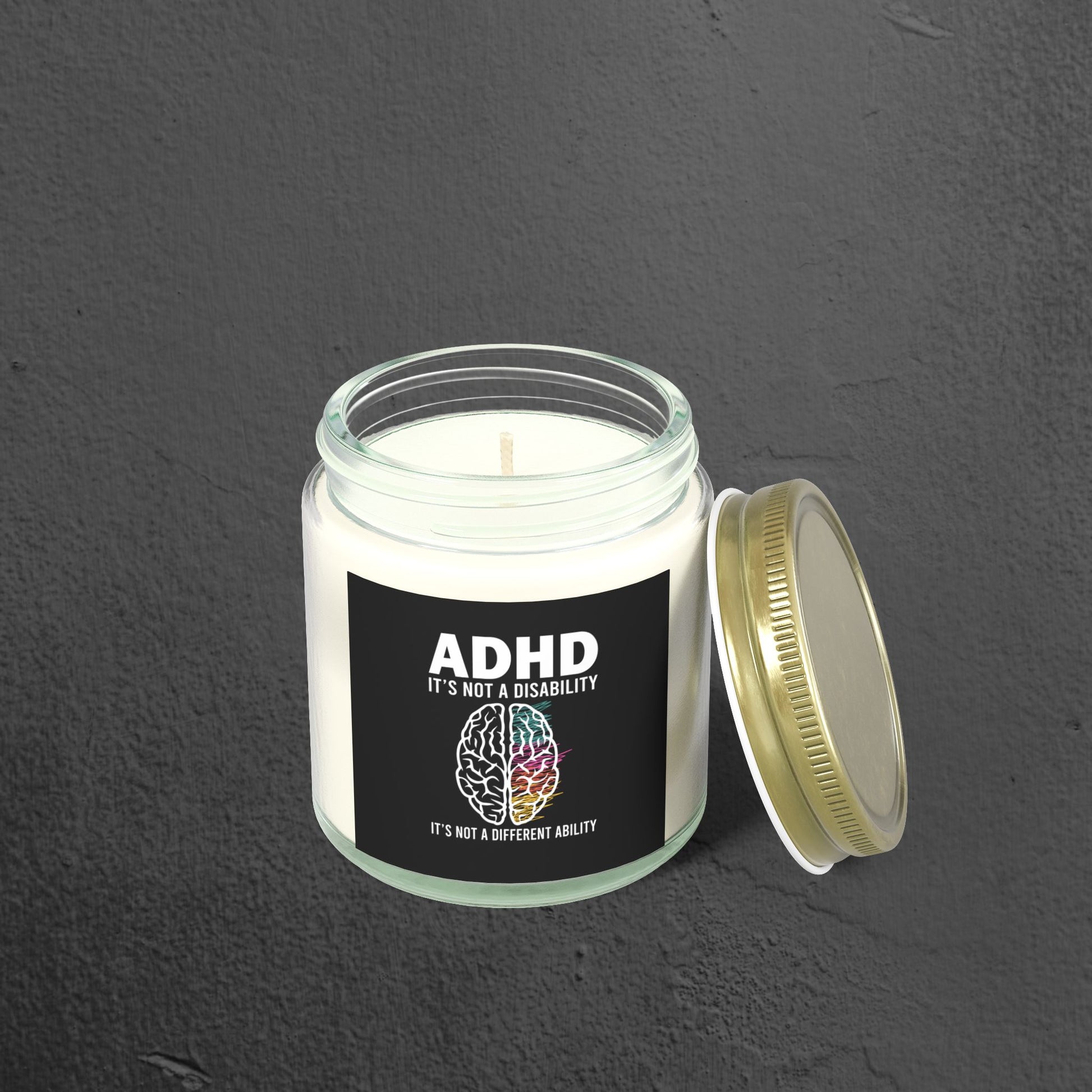 ADHD Awareness Candle, 4 oz/ Clear Glass/Front View/ Lid Off View Mock-Up