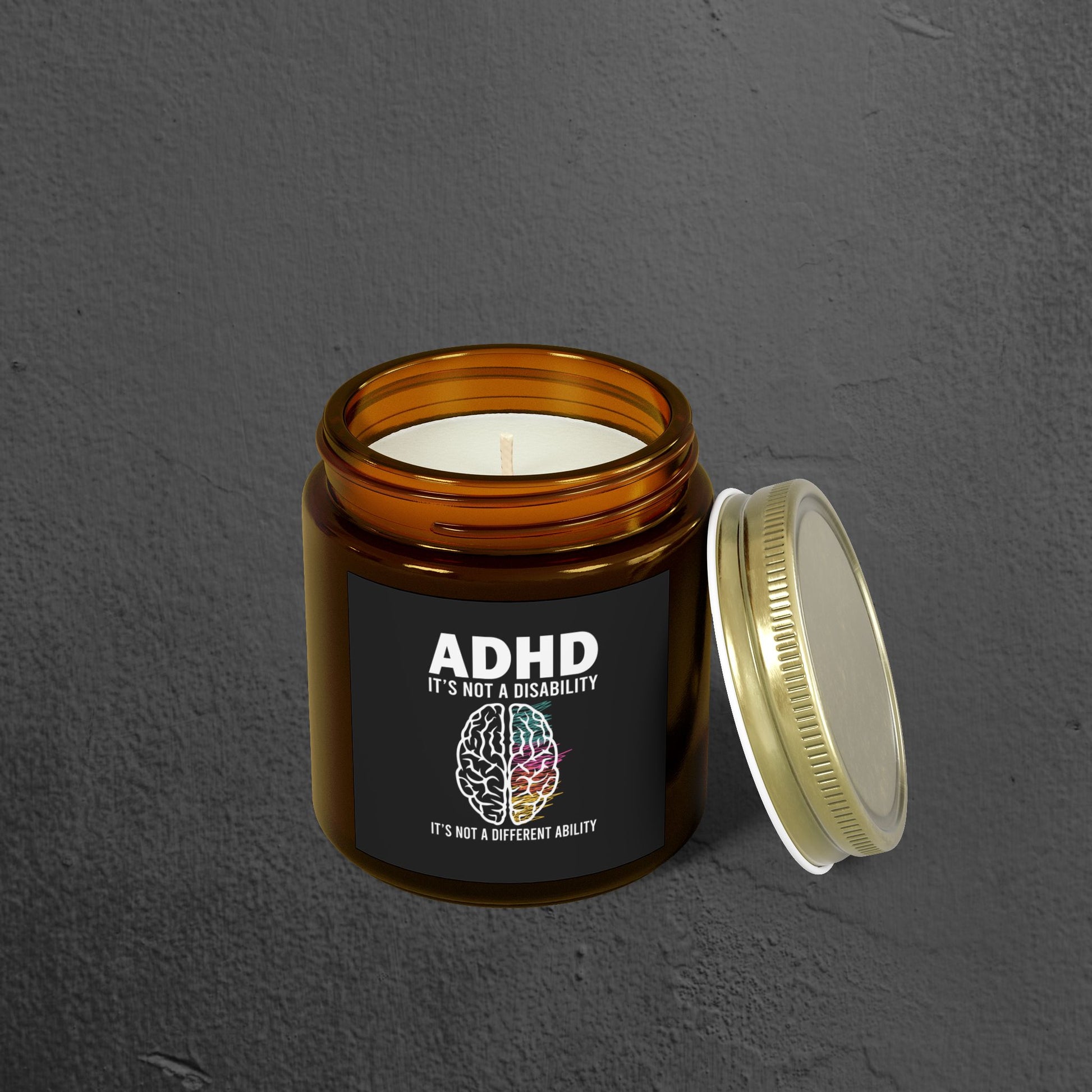 ADHD Awareness Candle, 4 oz/ Amber Glass/Front View/Lid Off Mock-Up