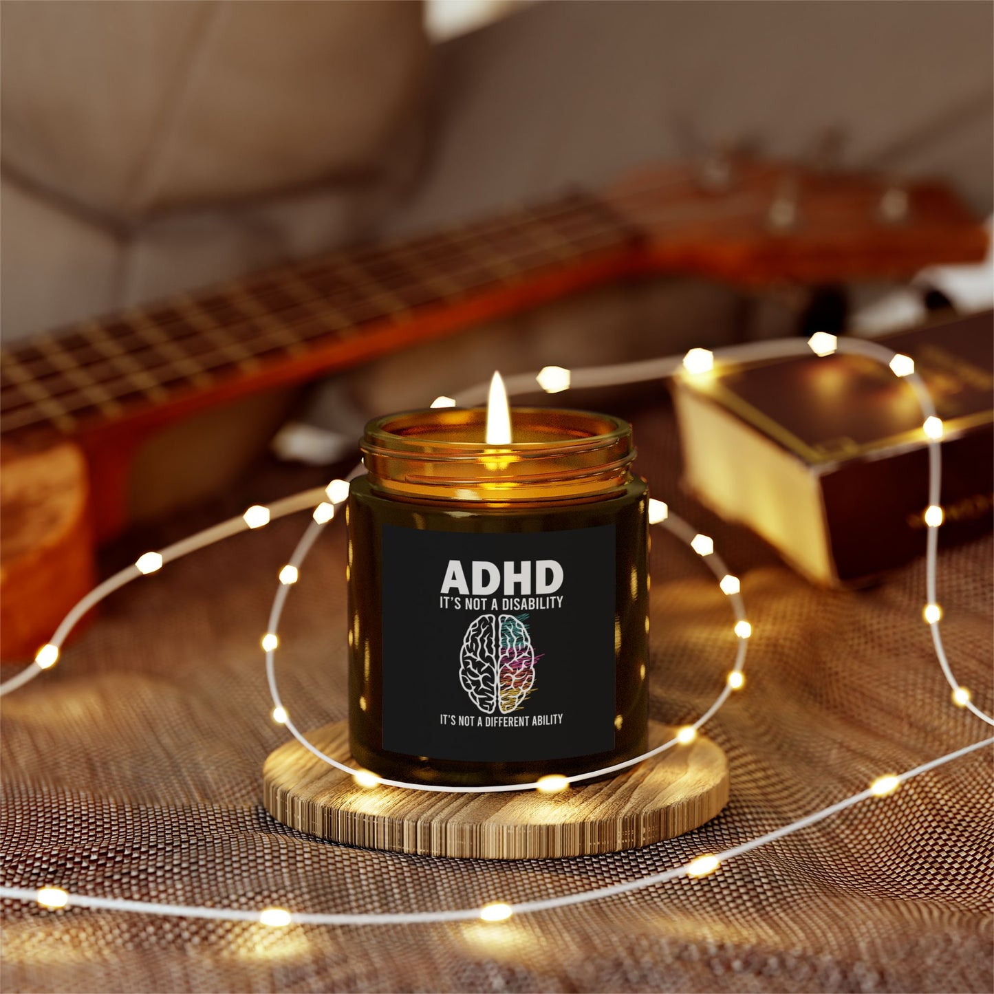 ADHD Awareness Candle, 4 oz/ Amber Glass/Front View/Lighting Decor View Mock-Up
