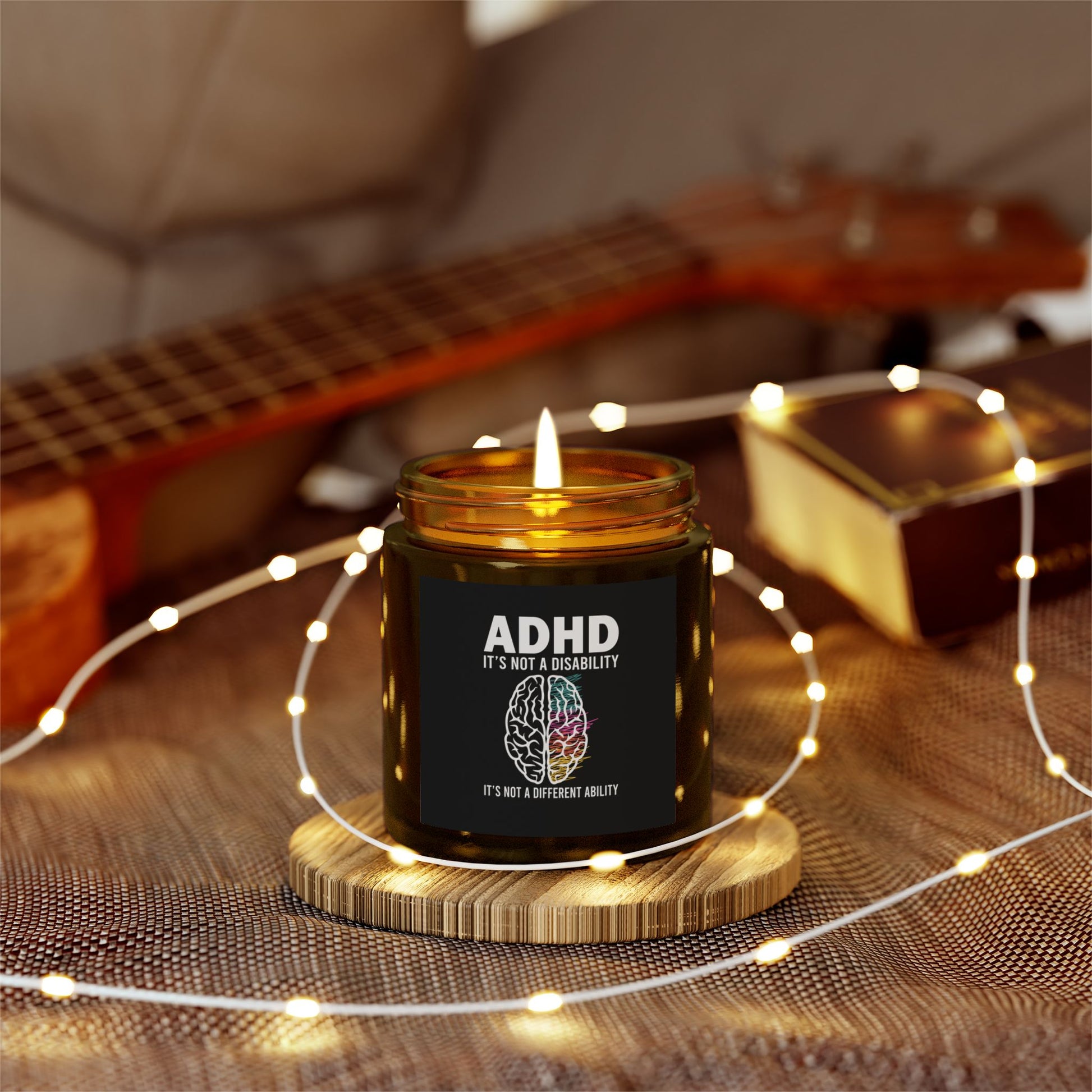 ADHD Awareness Candle, 4 oz/ Amber Glass/Front View/Lighting Decor View Mock-Up