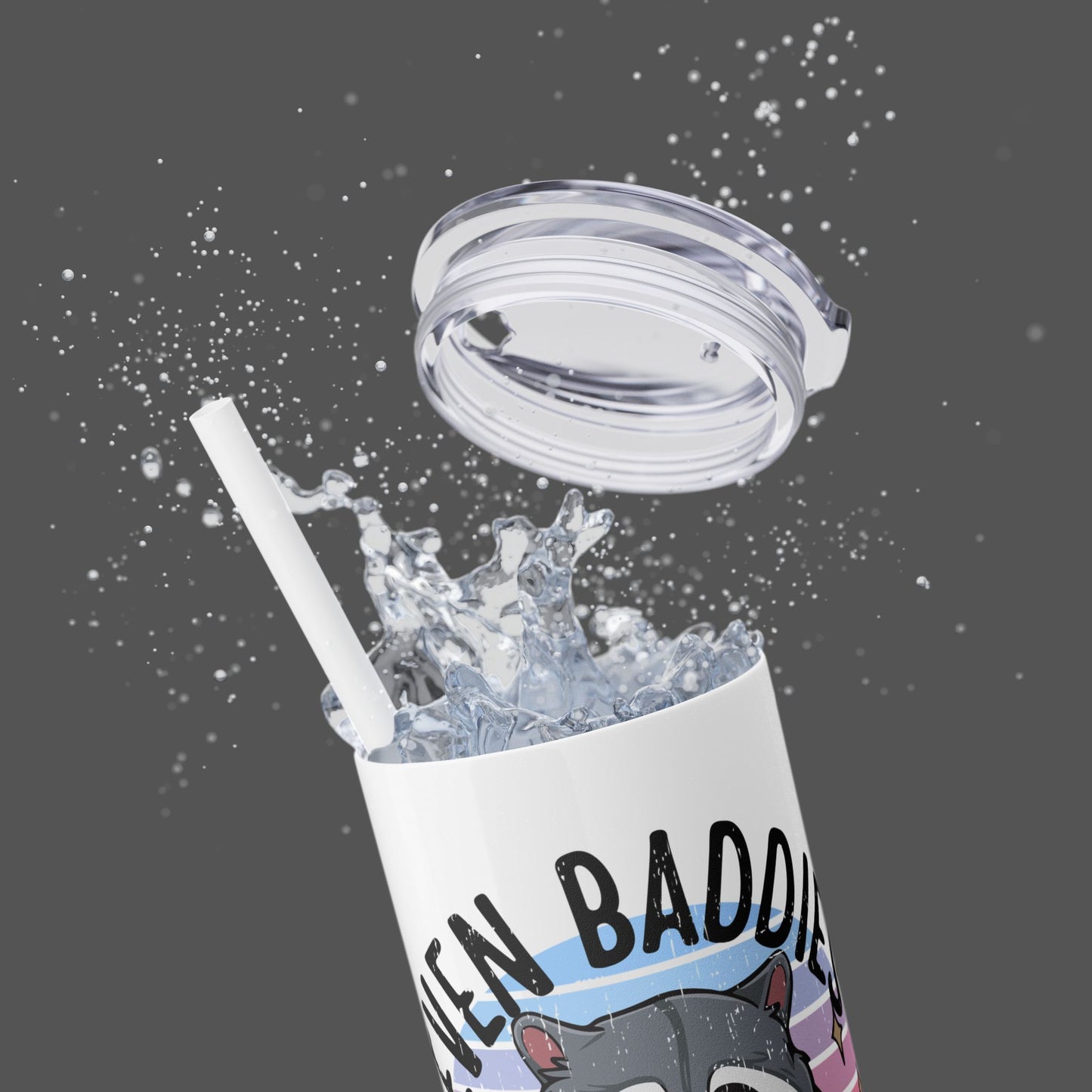 20oz Skinny Tumbler  Raccoon- Refreshing Mock Up View- Moon Rock Glitter White