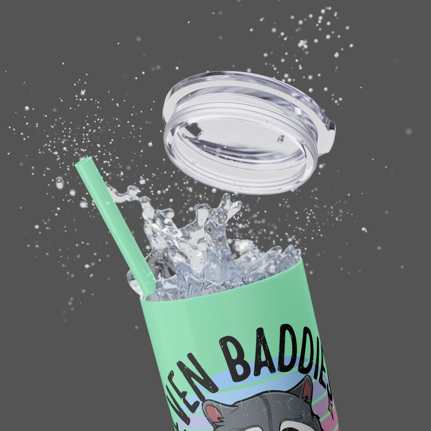 20oz Skinny Tumbler  Raccoon- Refreshing Mock Up View- Moon Rock Glitter Mint