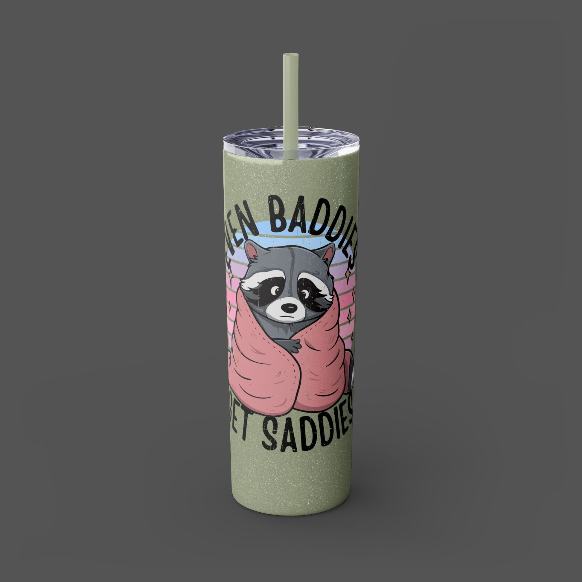 20oz Skinny Tumbler  Raccoon- Refreshing Mock Up View- Moon Rock Green Front View