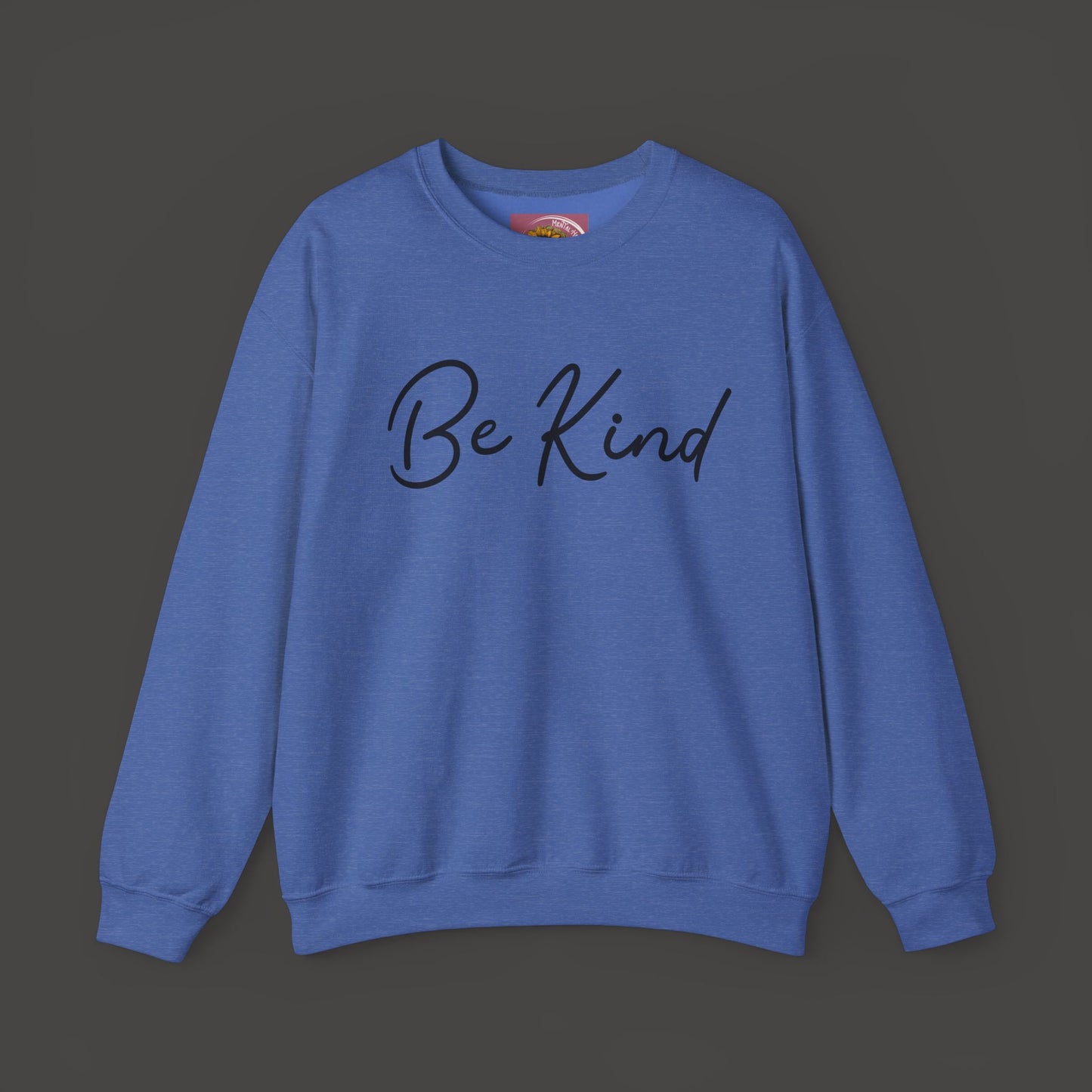 Be Kind Mental Health Awareness Sweatshirt/Front View Mockup/ Heather Royal Sport Colored