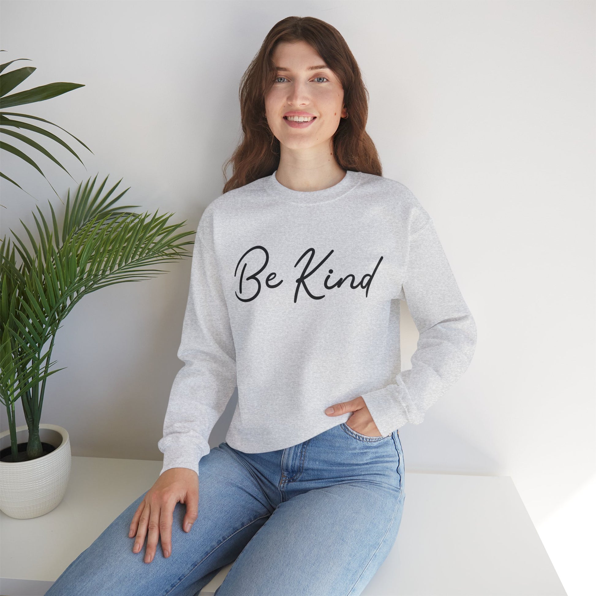 Be Kind Mental Health Awareness Sweatshirt/ Person Front View Mockup/ Ash Colored