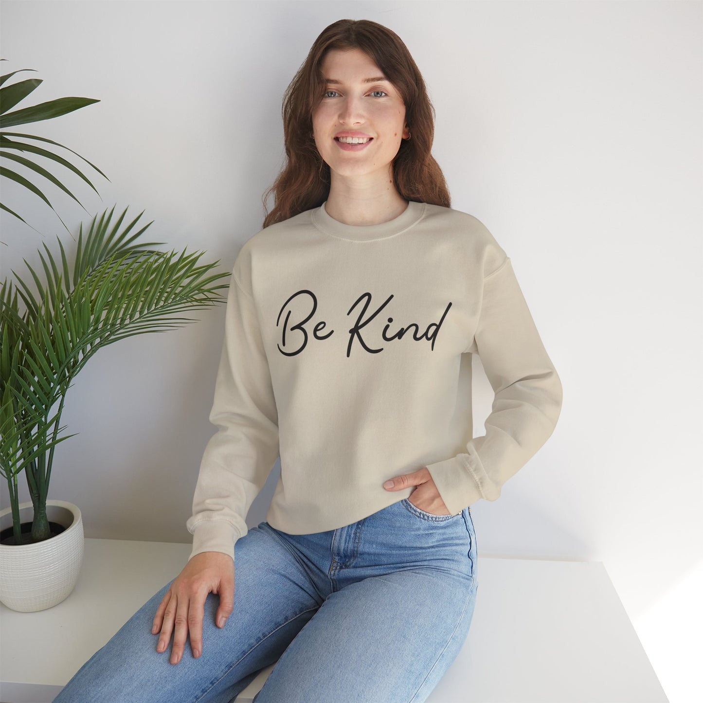 Be Kind Mental Health Awareness Sweatshirt/ Person Front View Mockup/ Sand Colored