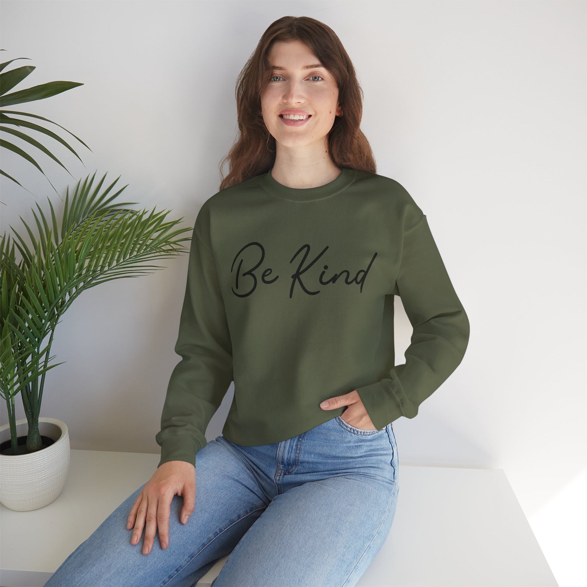 Be Kind Mental Health Awareness Sweatshirt/ Person Front View Mockup/ Military Green Colored