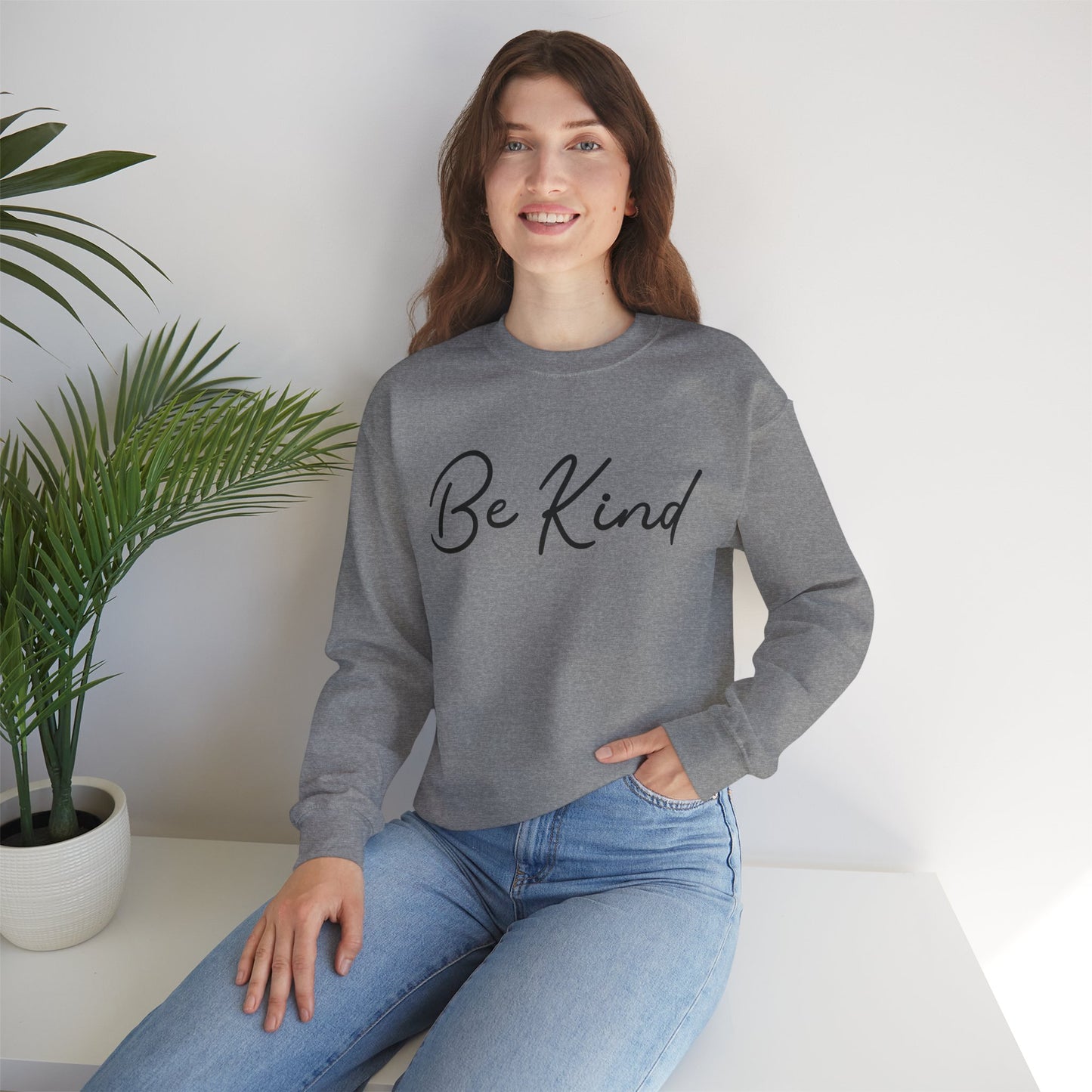 Be Kind Mental Health Awareness Sweatshirt/ Person Front View Mockup/Graphite Heather Colored