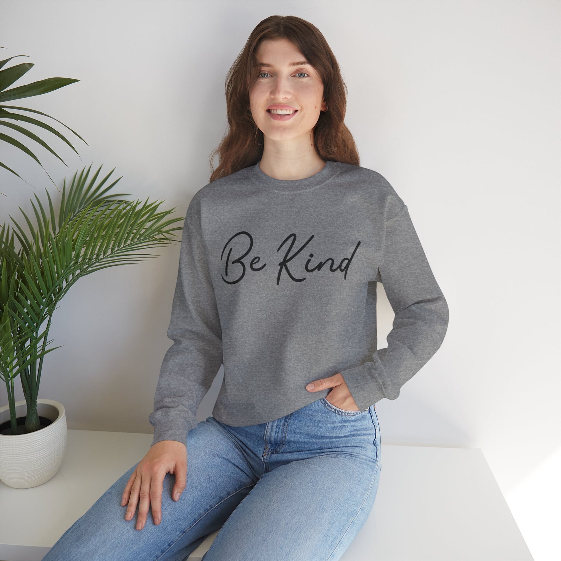 Be Kind Mental Health Awareness Sweatshirt/ Person Front View Mockup/Graphite Heather Colored